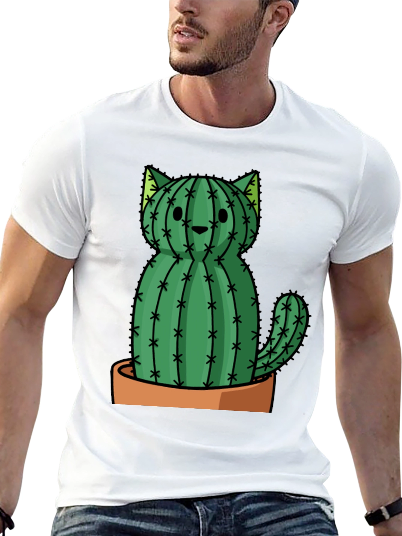 Cactus Cat Graphic Tee - Trendy Plant Lover Shirt