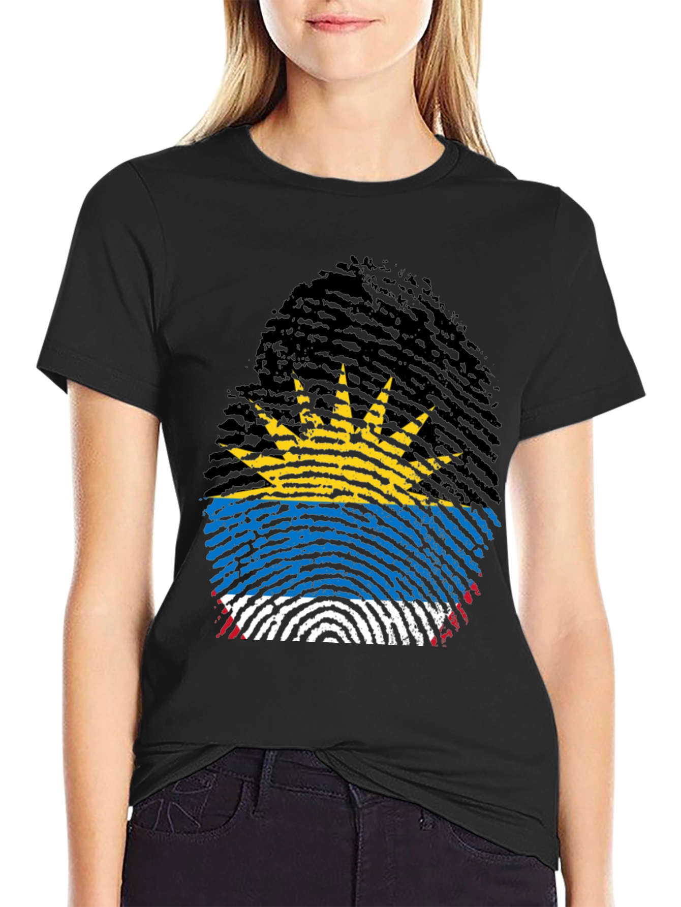 Antigua Flag Fingerprint T-Shirt - Black Crew Neck Tee