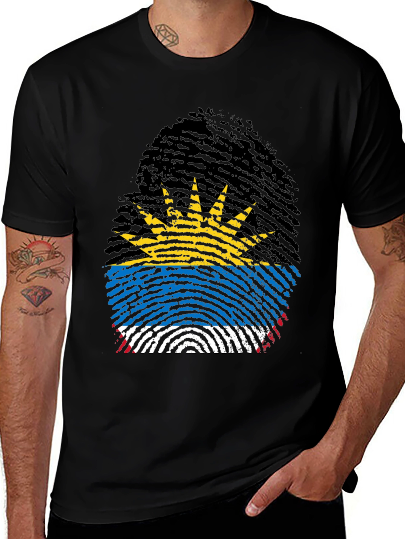 Antigua Flag Fingerprint T-Shirt - Black Crew Neck Tee