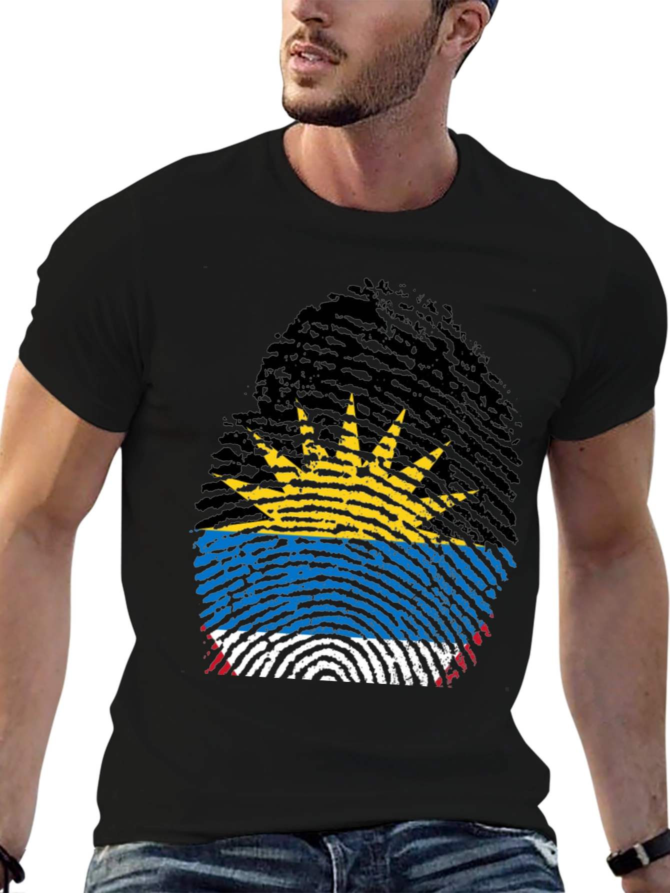 Antigua Flag Fingerprint T-Shirt - Black Crew Neck Tee