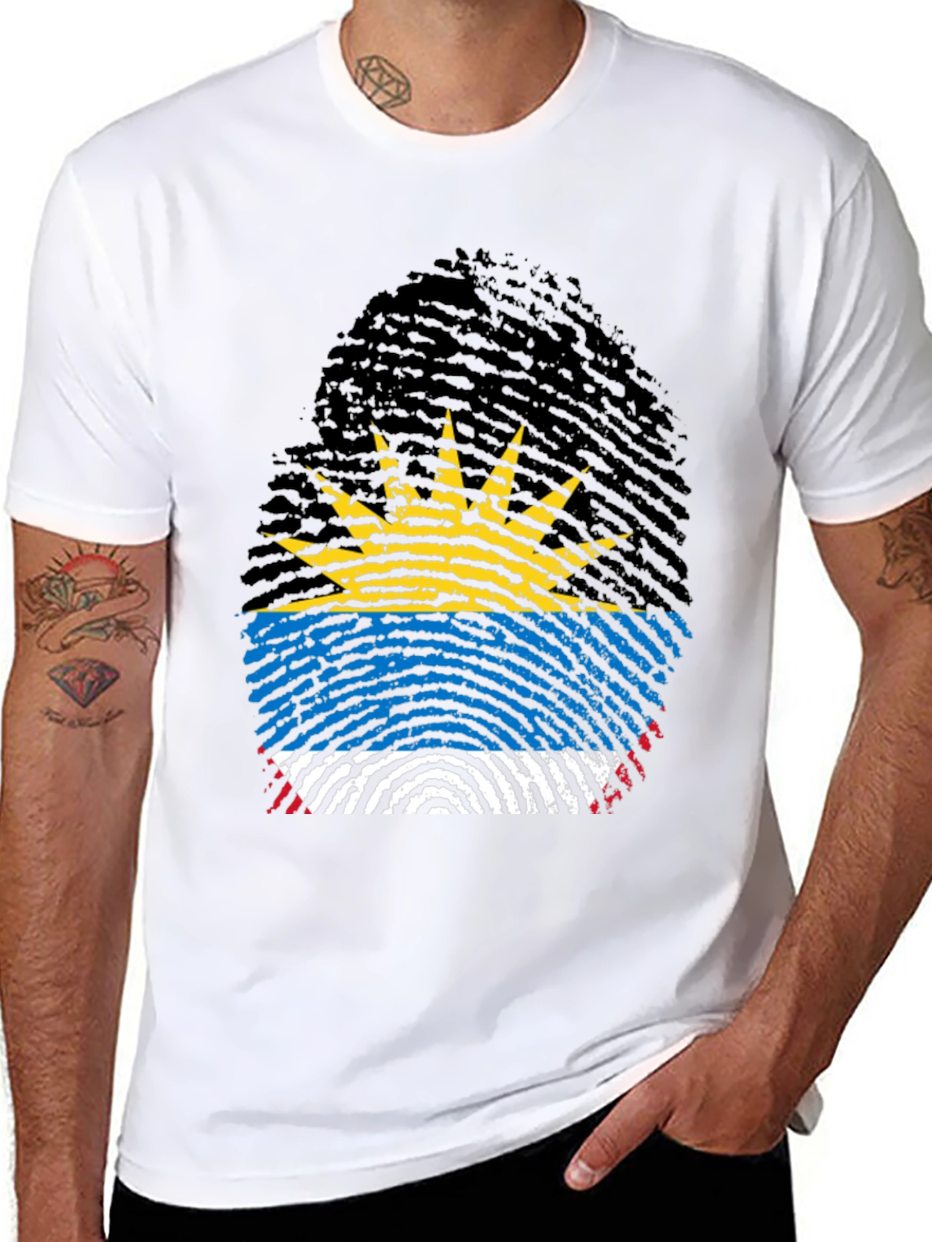 Antigua Flag Fingerprint T-Shirt - Black Crew Neck Tee