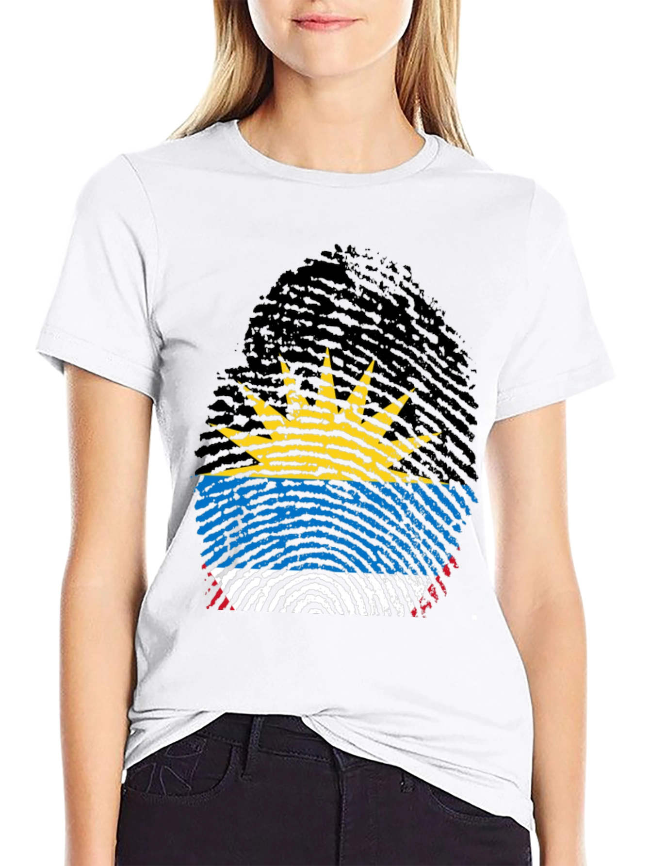 Antigua Flag Fingerprint T-Shirt - Black Crew Neck Tee