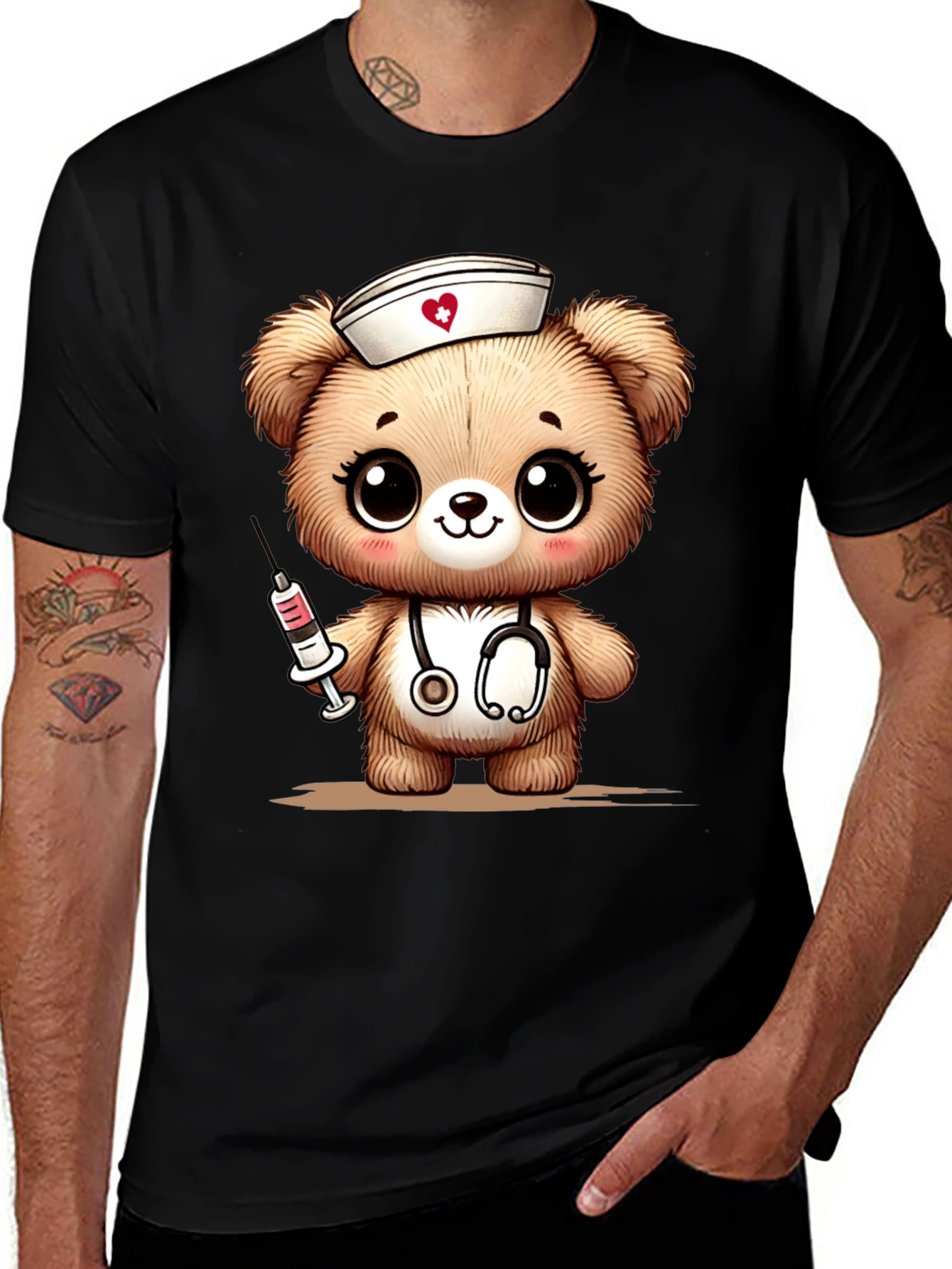 Nurse Bear Graphic T-Shirt - Black