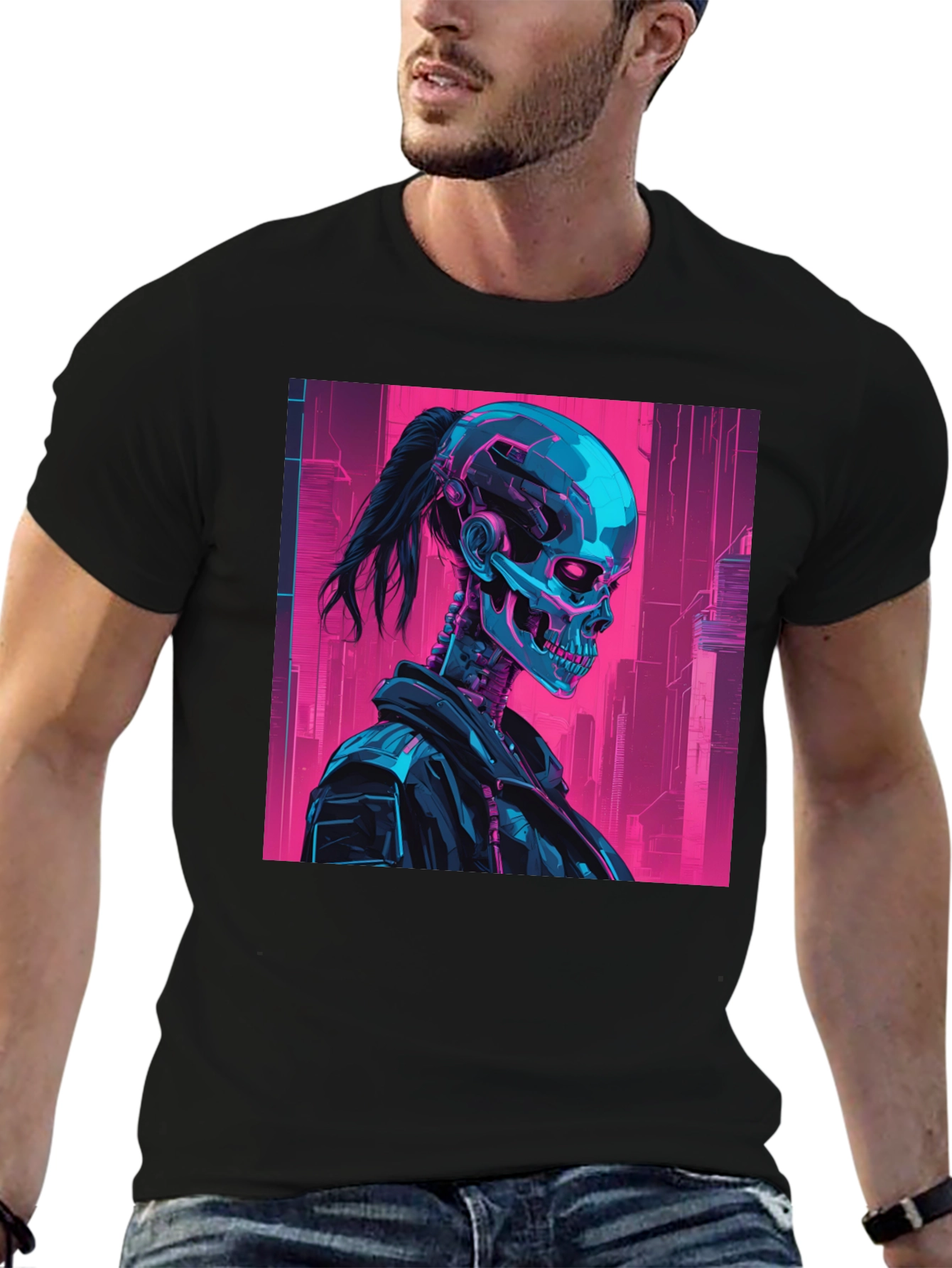 Cyberpunk Skull Graphic Tee - Black