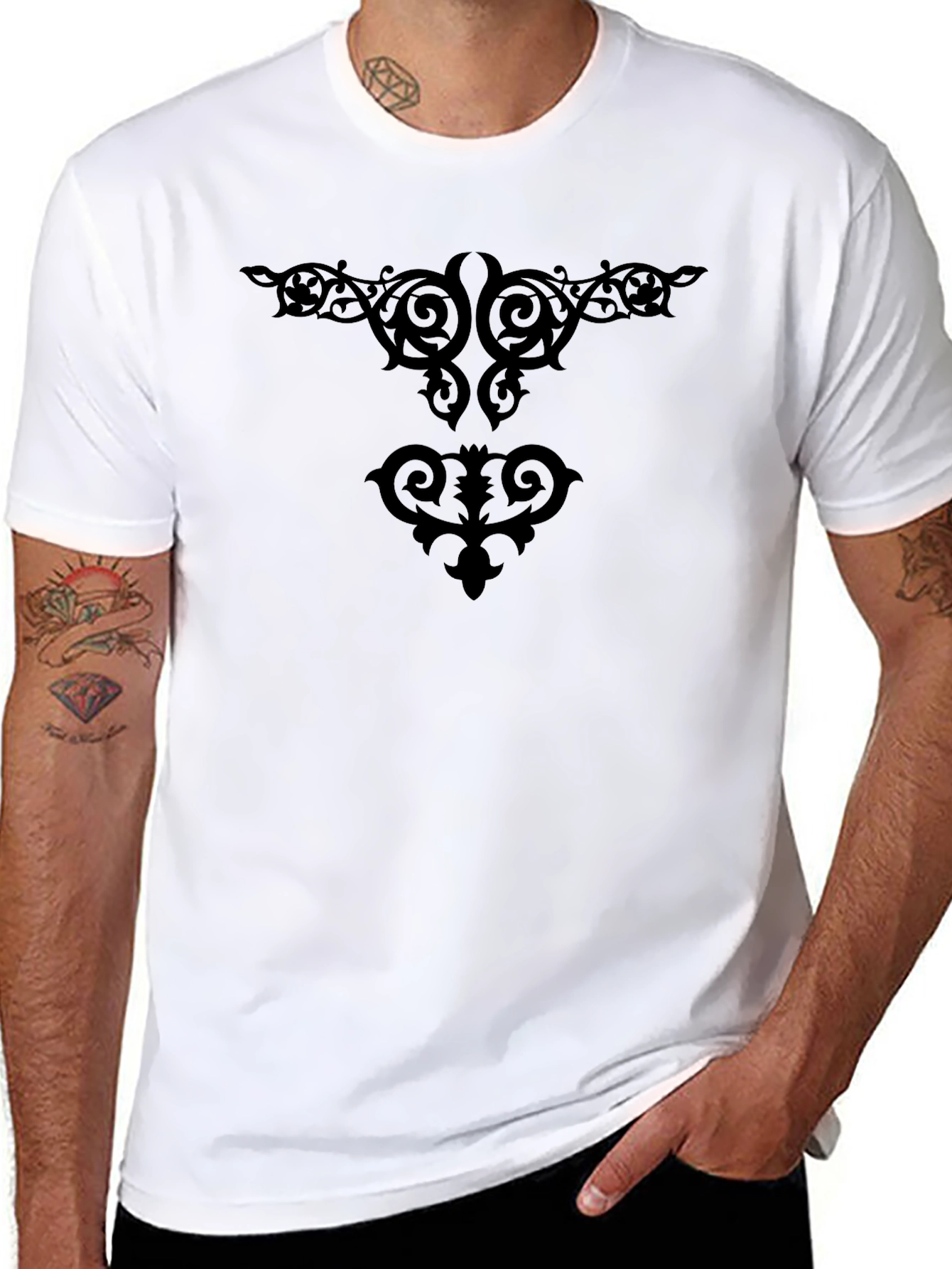Stylish Black Tee with Ornate Tribal Design