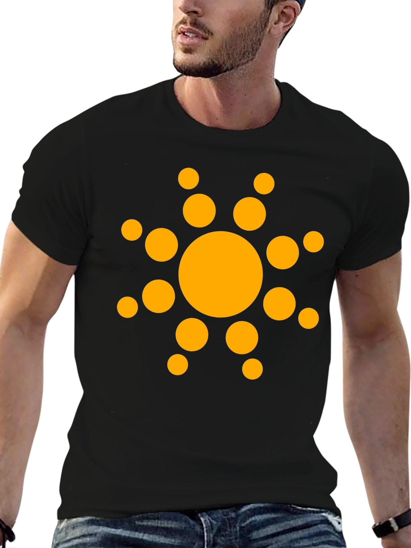 Black T-Shirt with Orange Sun Design