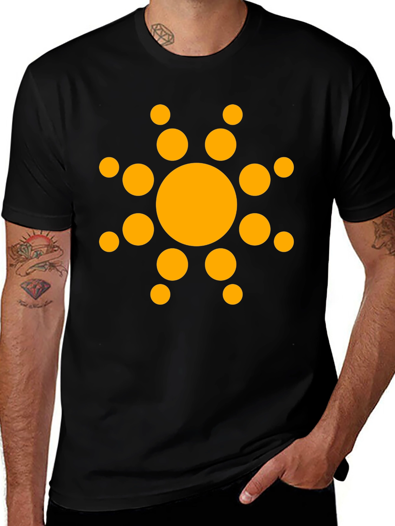 Black T-Shirt with Orange Sun Design