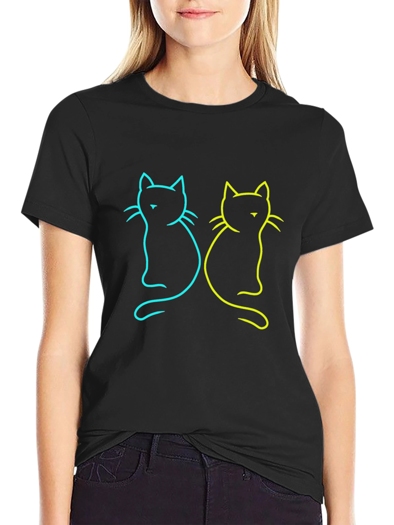 Neon Cat Graphic Tee - Stylish Black T-Shirt