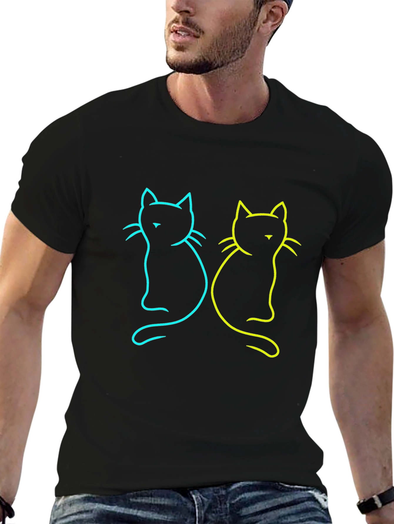 Neon Cat Graphic Tee - Stylish Black T-Shirt