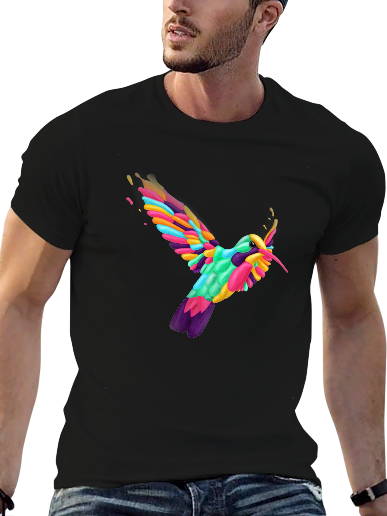 Vibrant Hummingbird Graphic Tee - Black