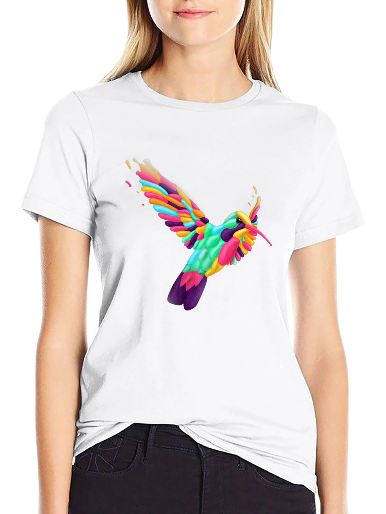 Vibrant Hummingbird Graphic Tee - Black