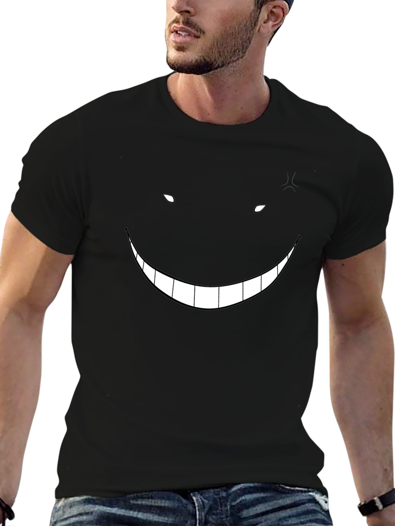Mens Black Graphic Tee - Creepy Smile Design