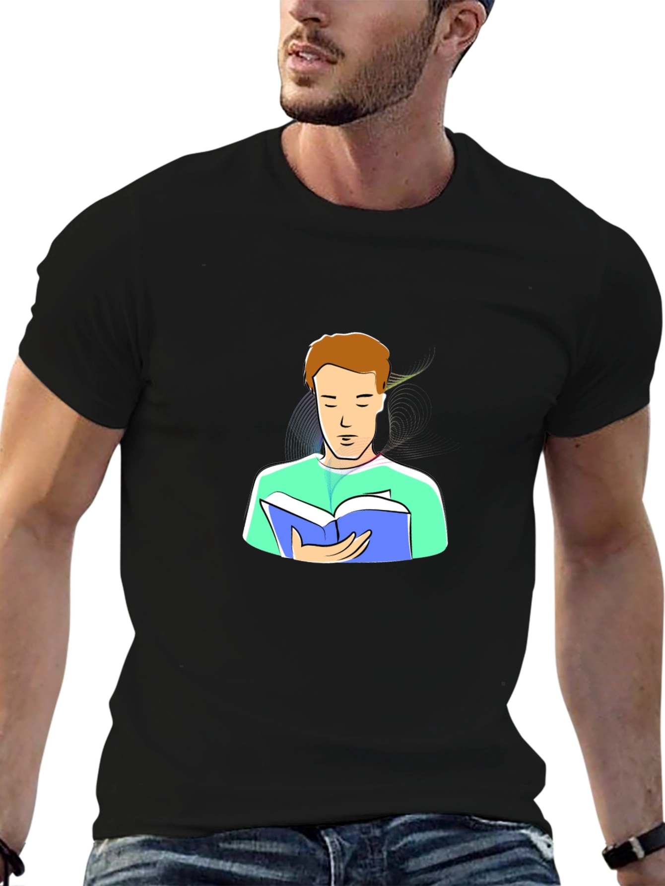 Man Reading Cartoon Graphic Tee - Black