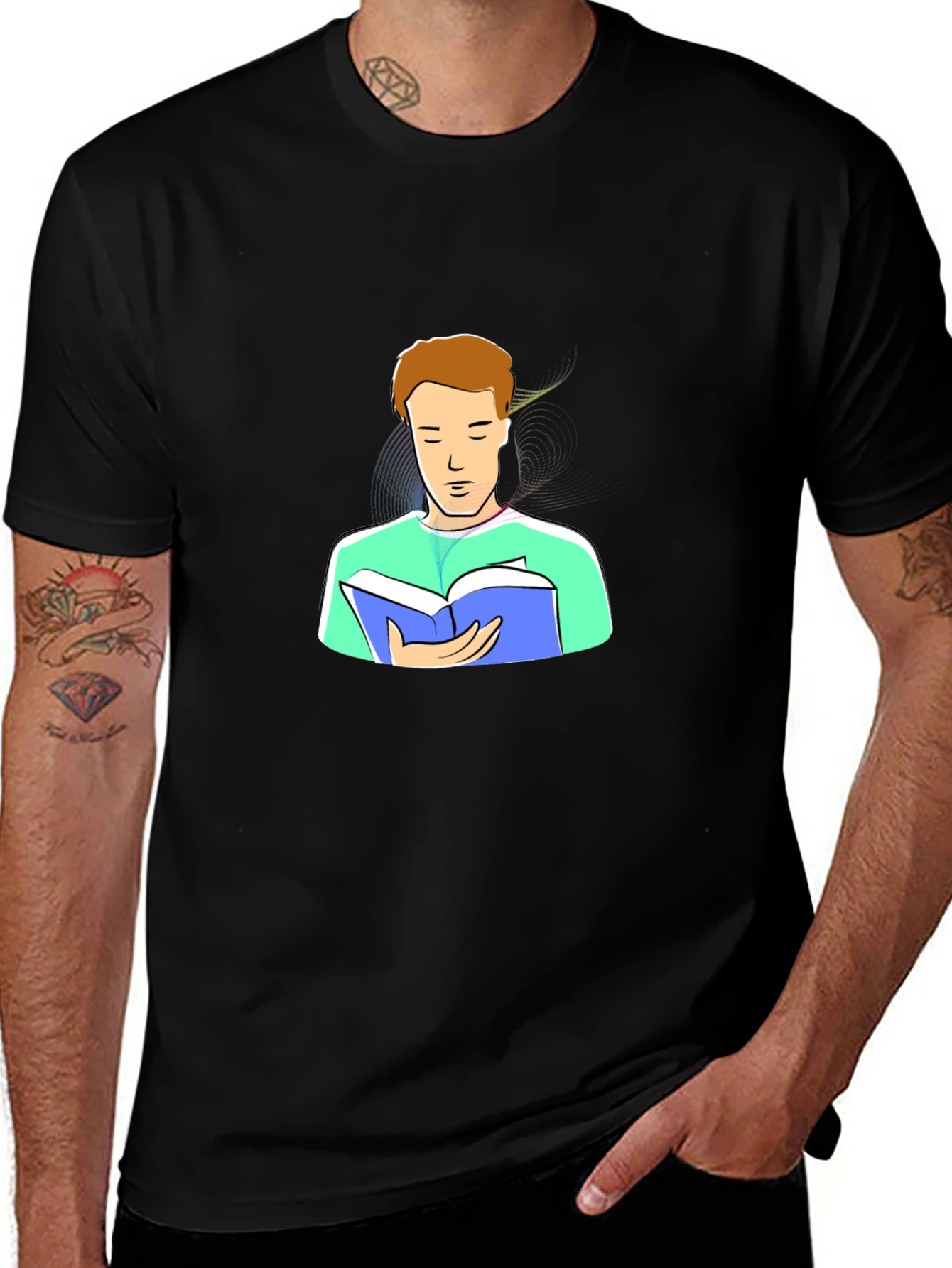 Man Reading Cartoon Graphic Tee - Black