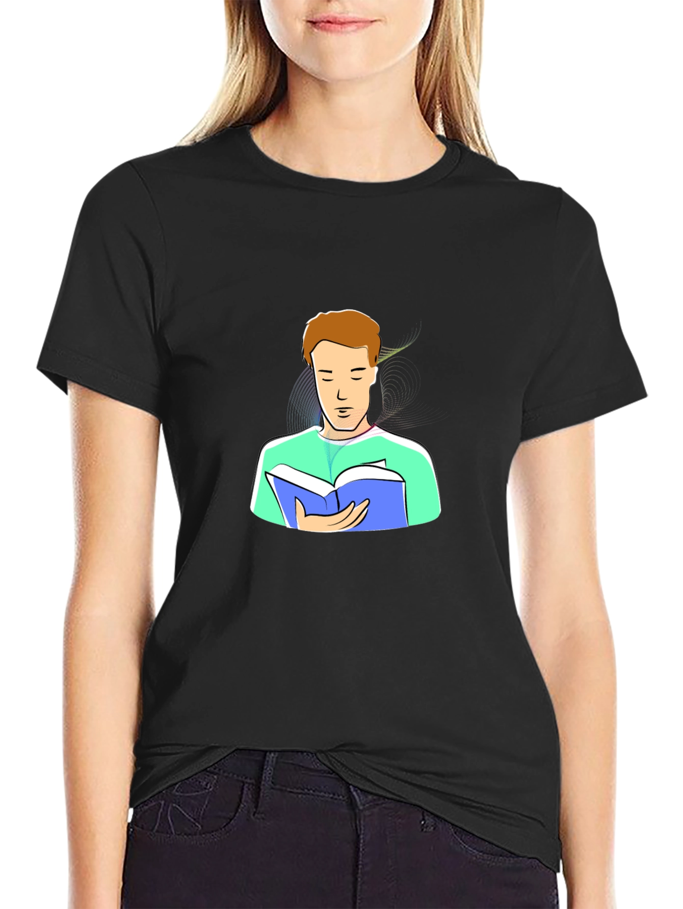 Man Reading Cartoon Graphic Tee - Black