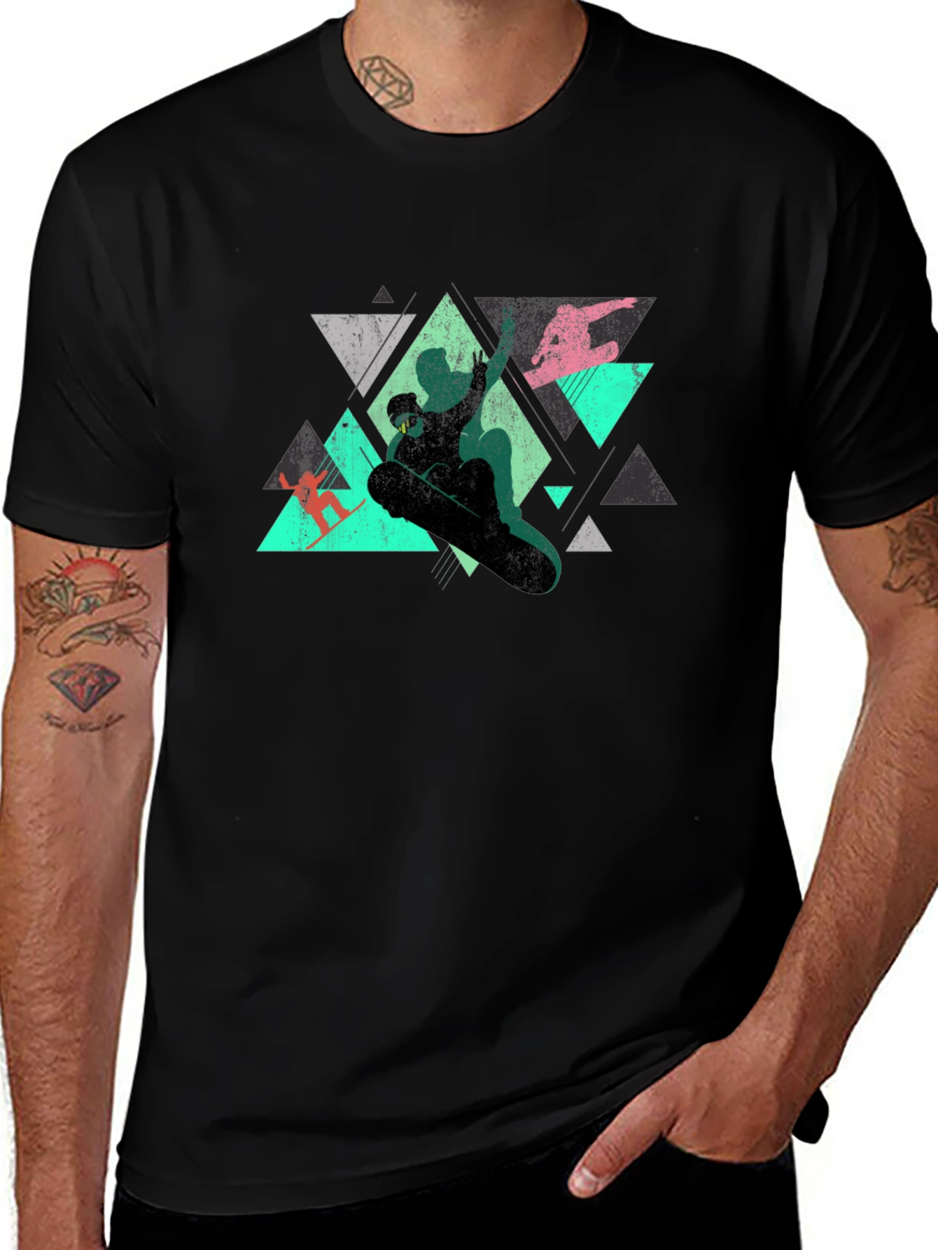 Geometric Snowboarder Graphic Tee - Black