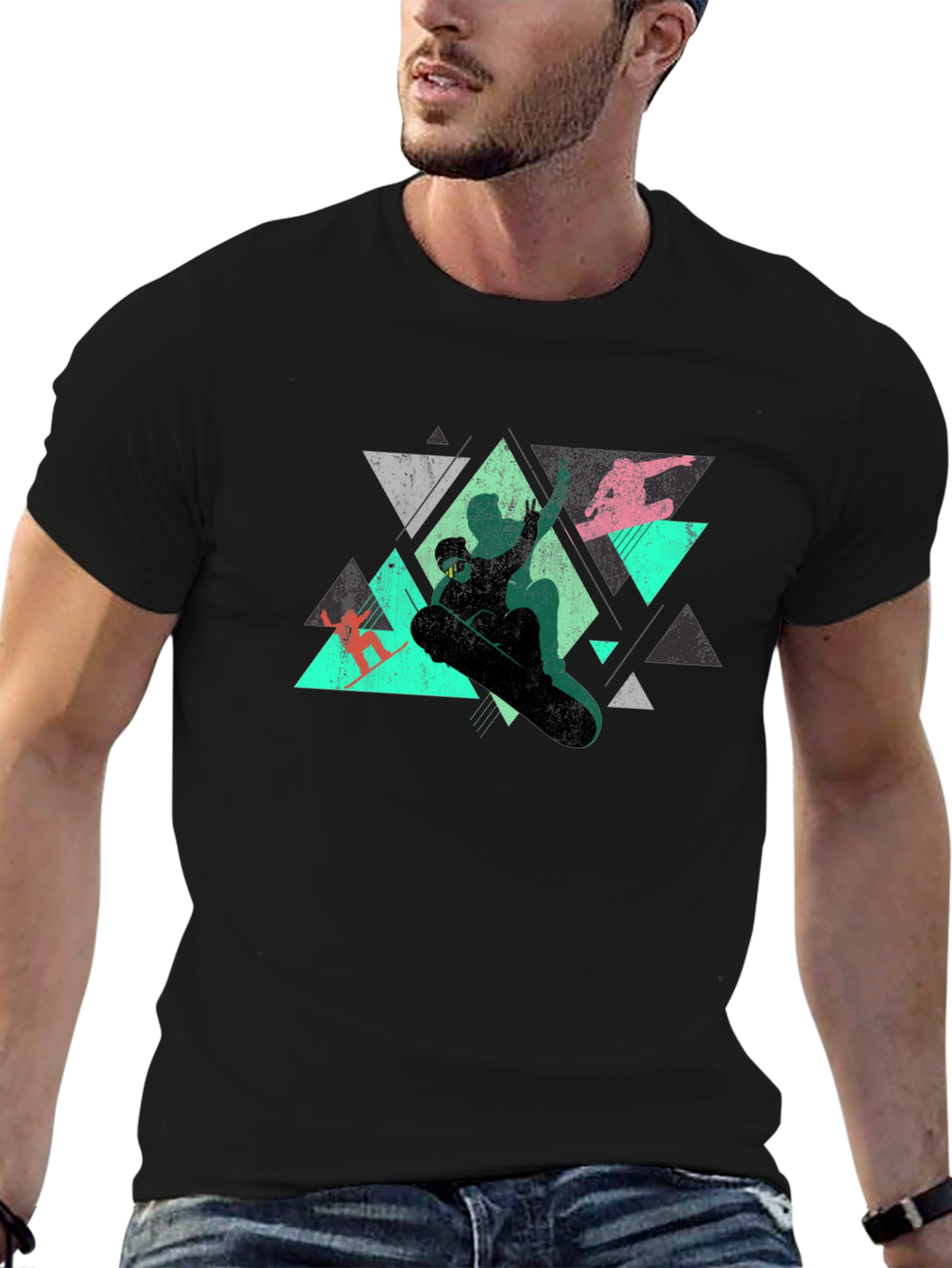 Geometric Snowboarder Graphic Tee - Black