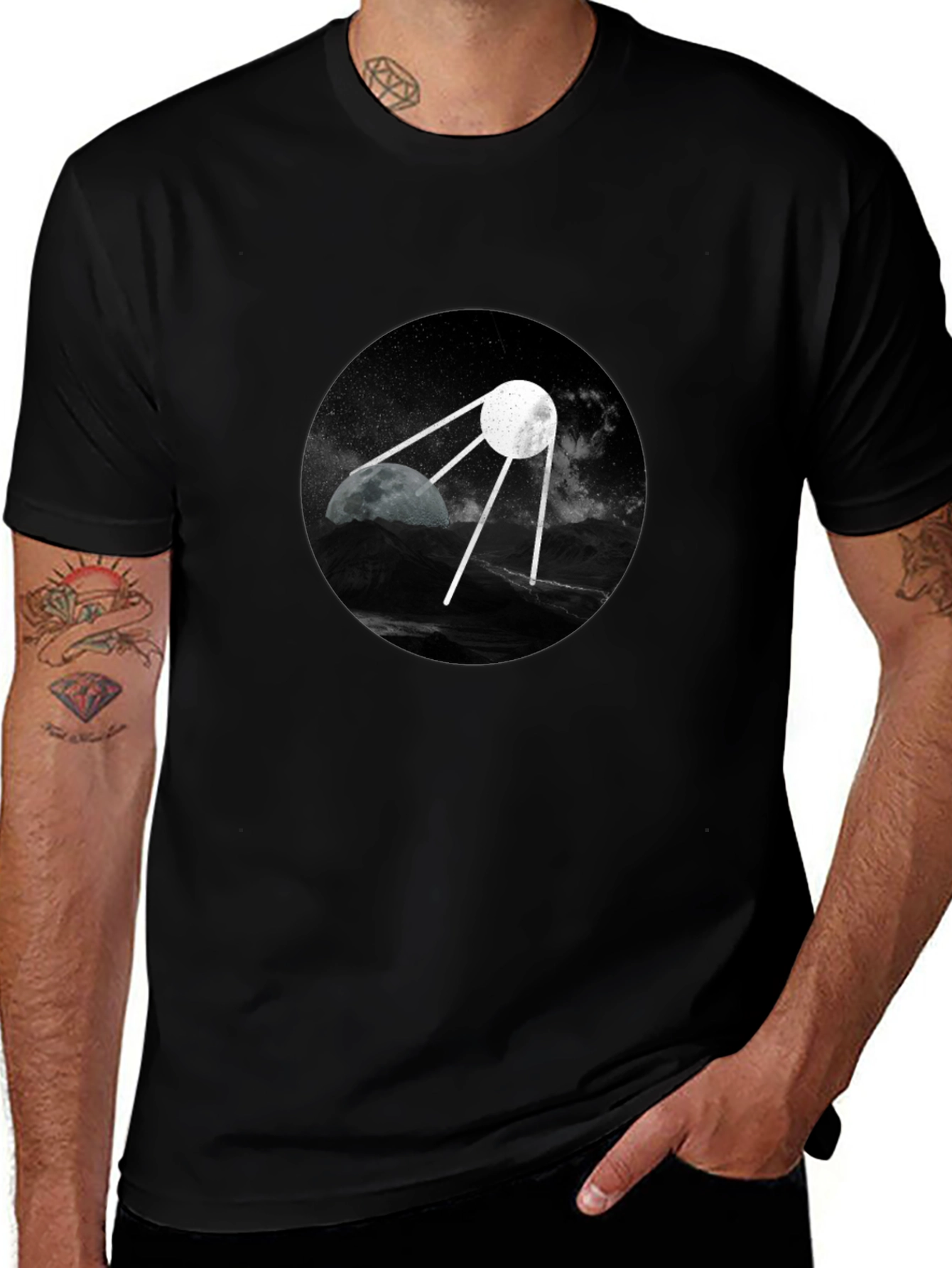 Space Satellite Graphic Black T-Shirt