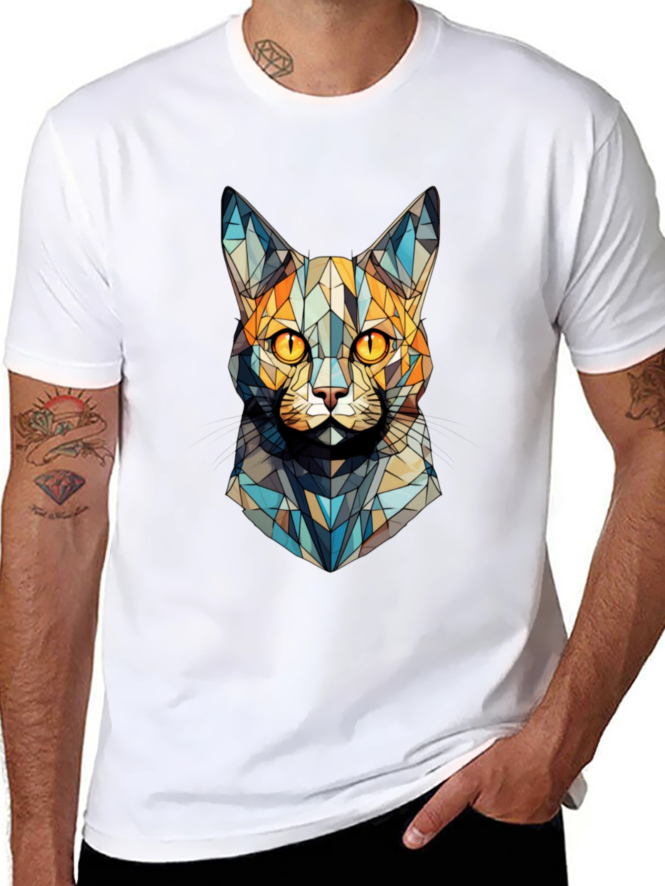 Geometric Cat Face T-Shirt - Abstract Design
