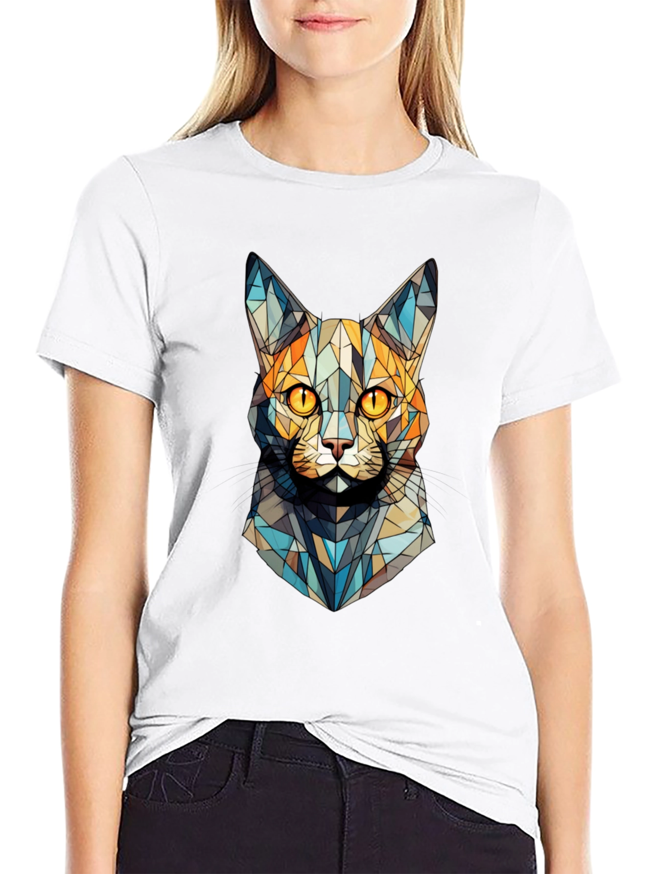Geometric Cat Face T-Shirt - Abstract Design