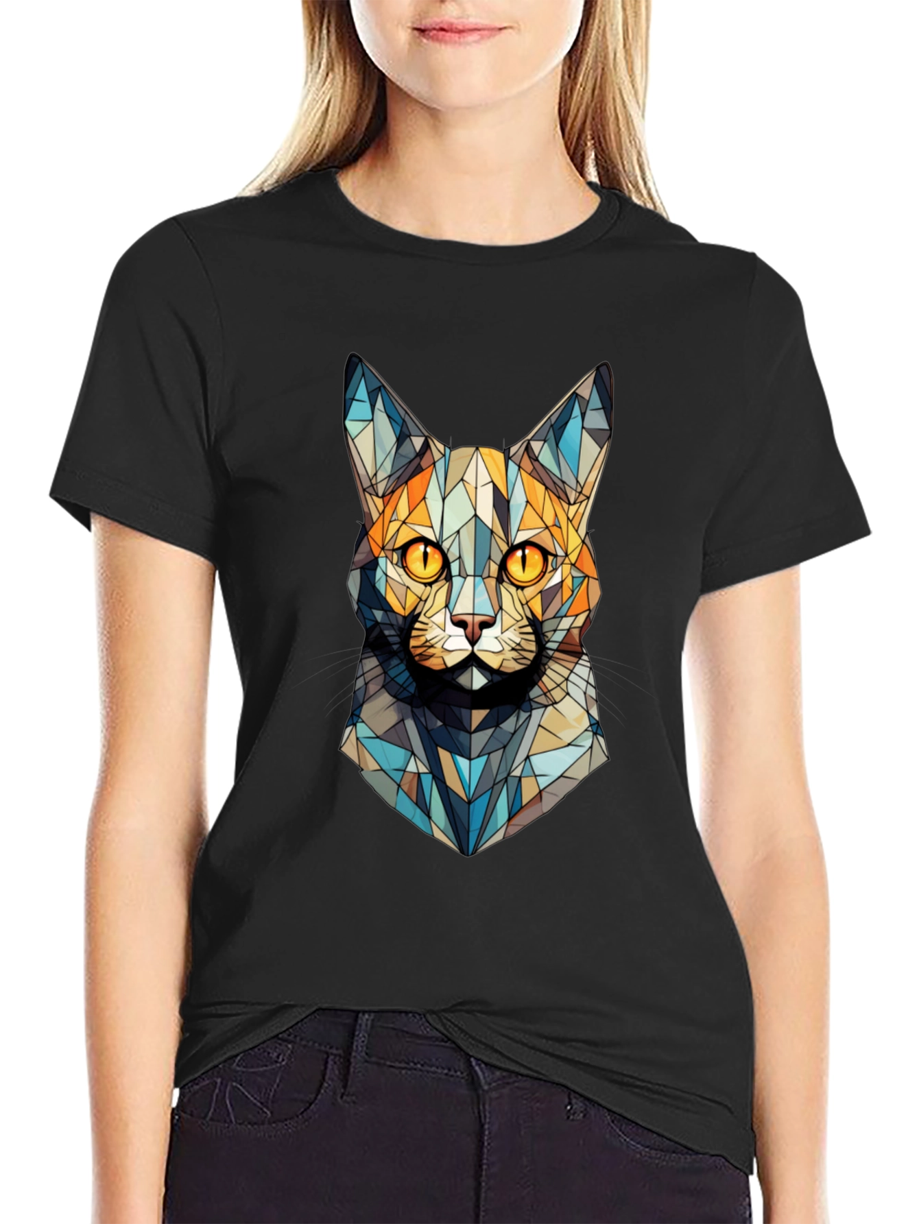 Geometric Cat Face T-Shirt - Abstract Design