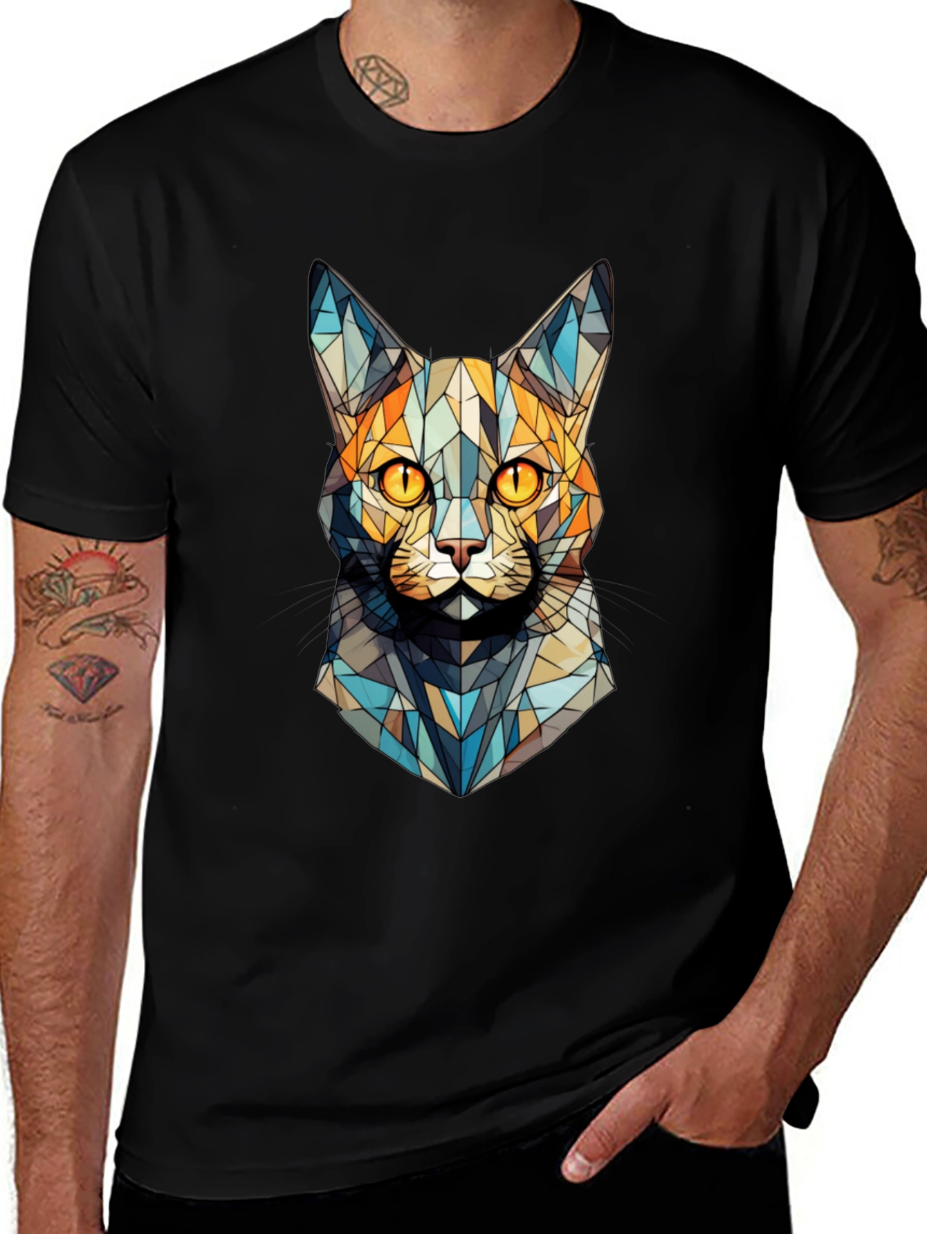 Geometric Cat Face T-Shirt - Abstract Design