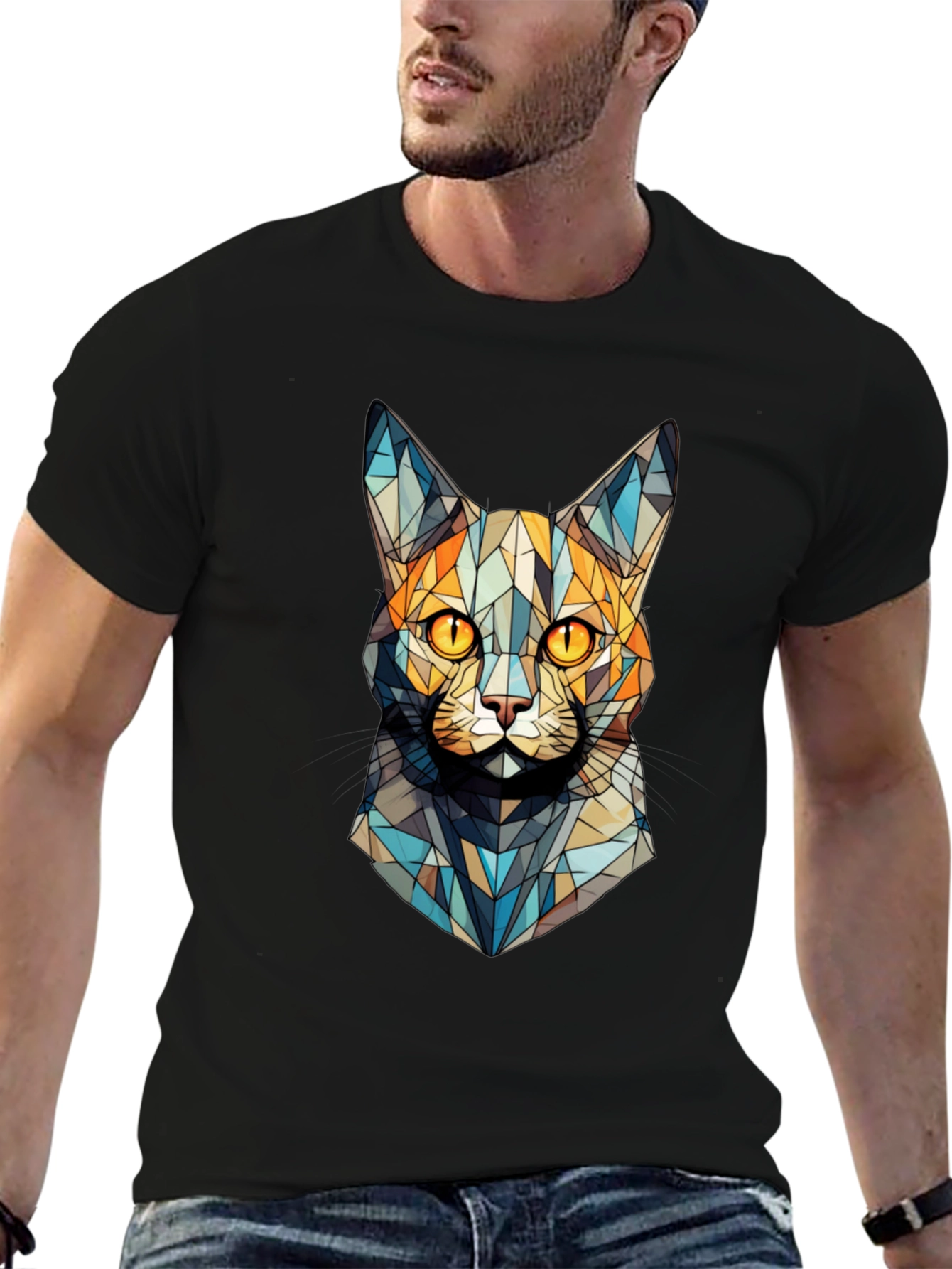 Geometric Cat Face T-Shirt - Abstract Design