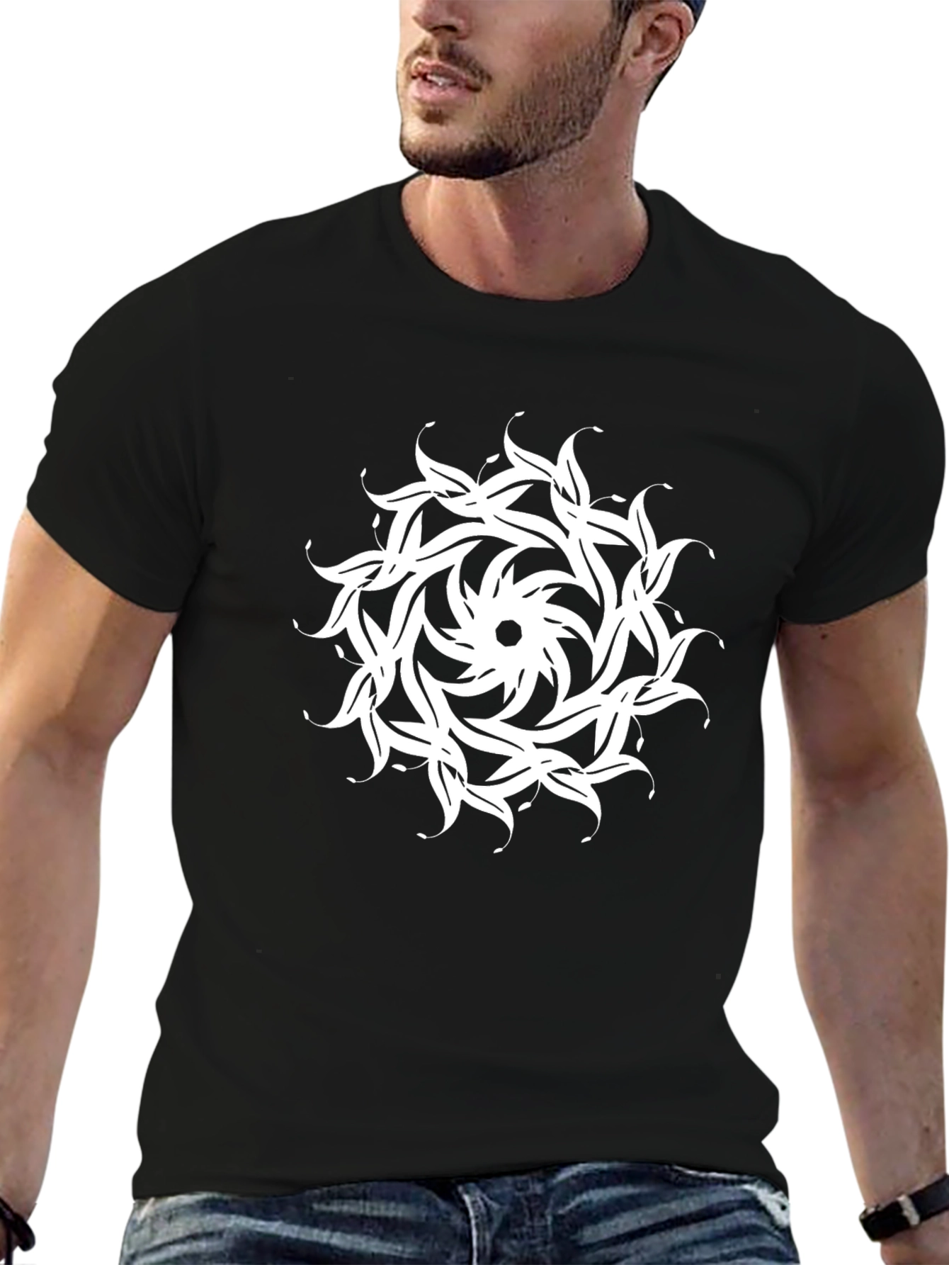 Black T-Shirt with White Floral Mandala Design