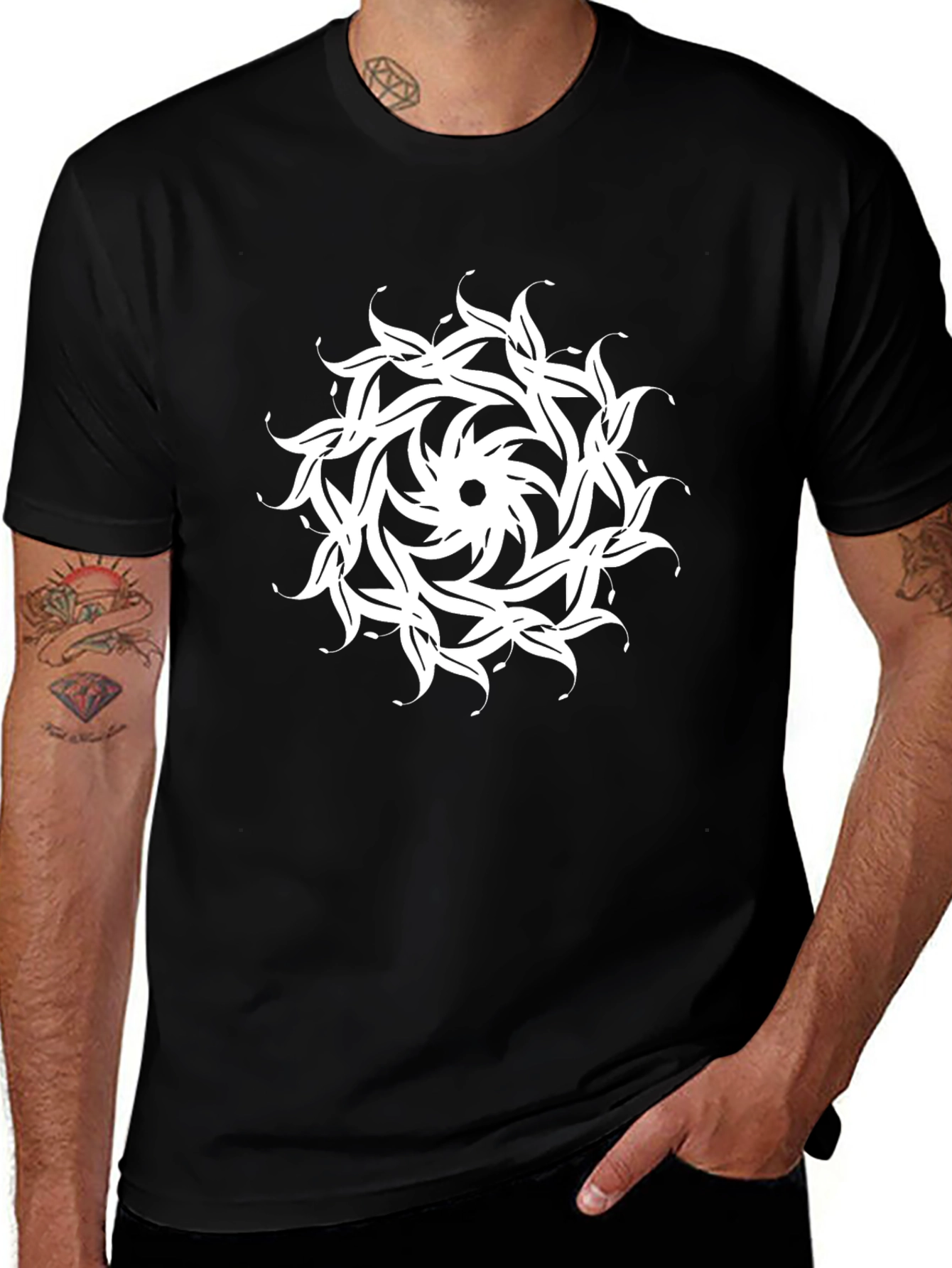 Black T-Shirt with White Floral Mandala Design