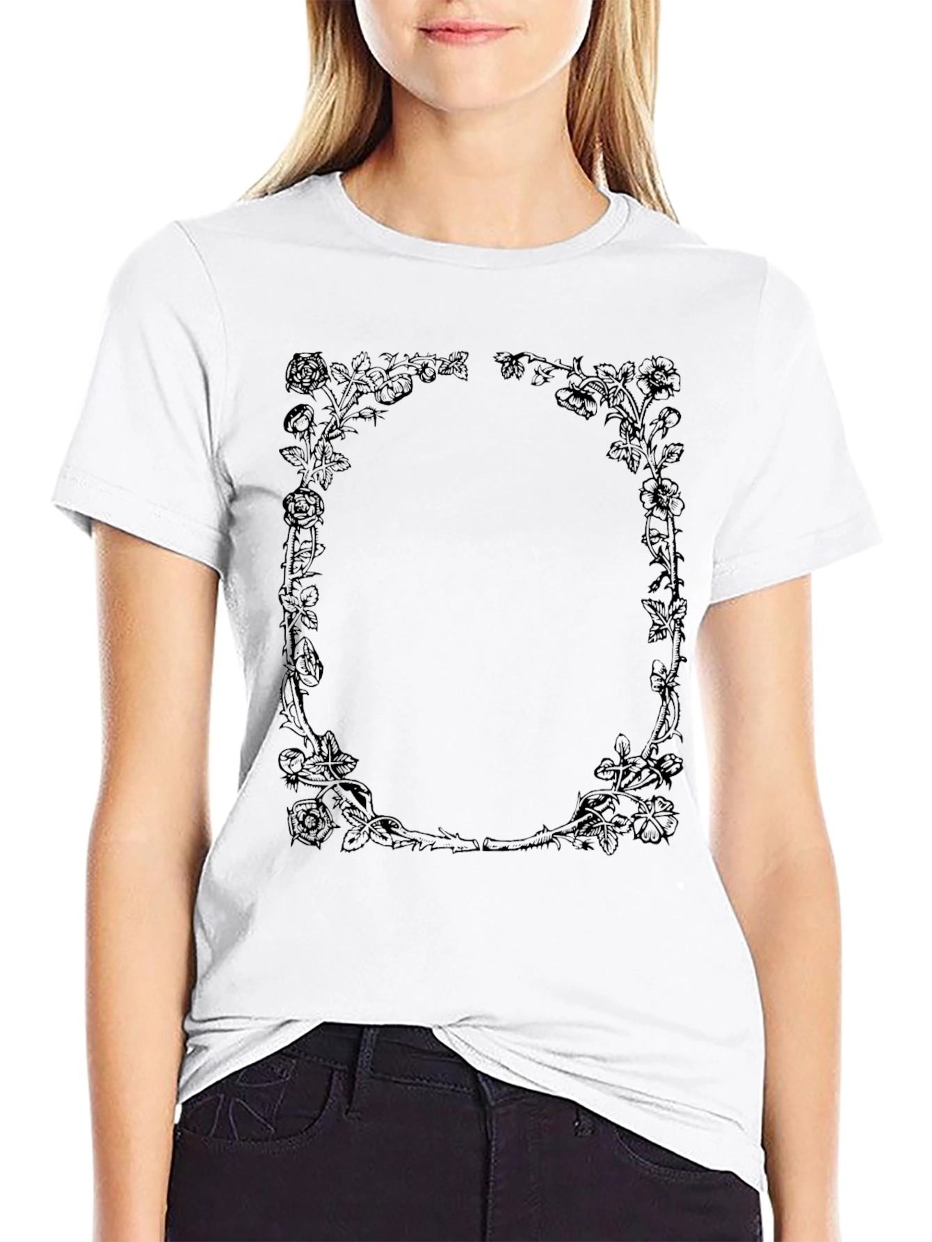 Rose Vine Graphic T-Shirt - Black Crew Neck