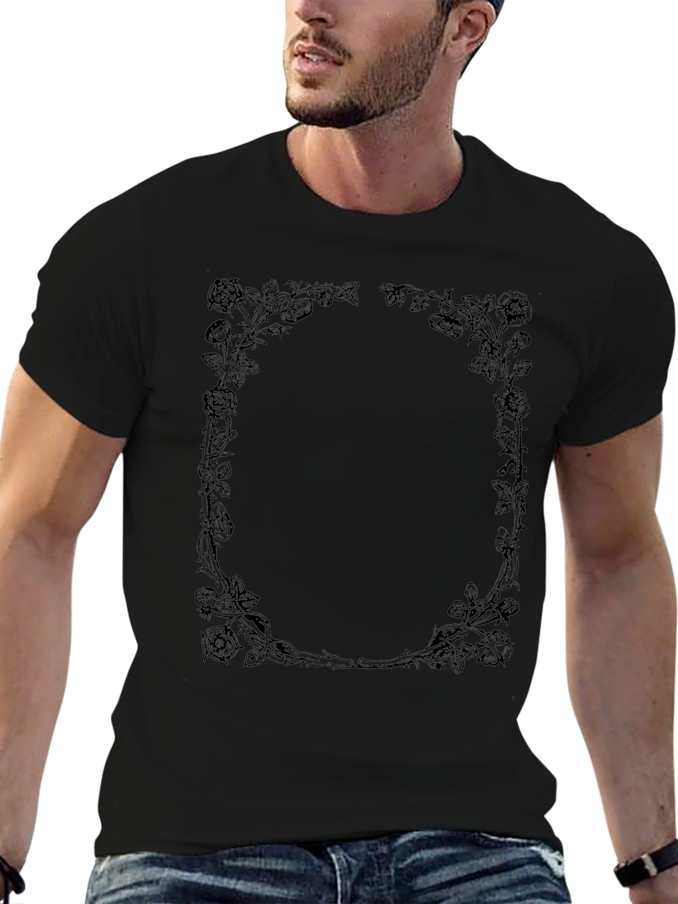 Rose Vine Graphic T-Shirt - Black Crew Neck