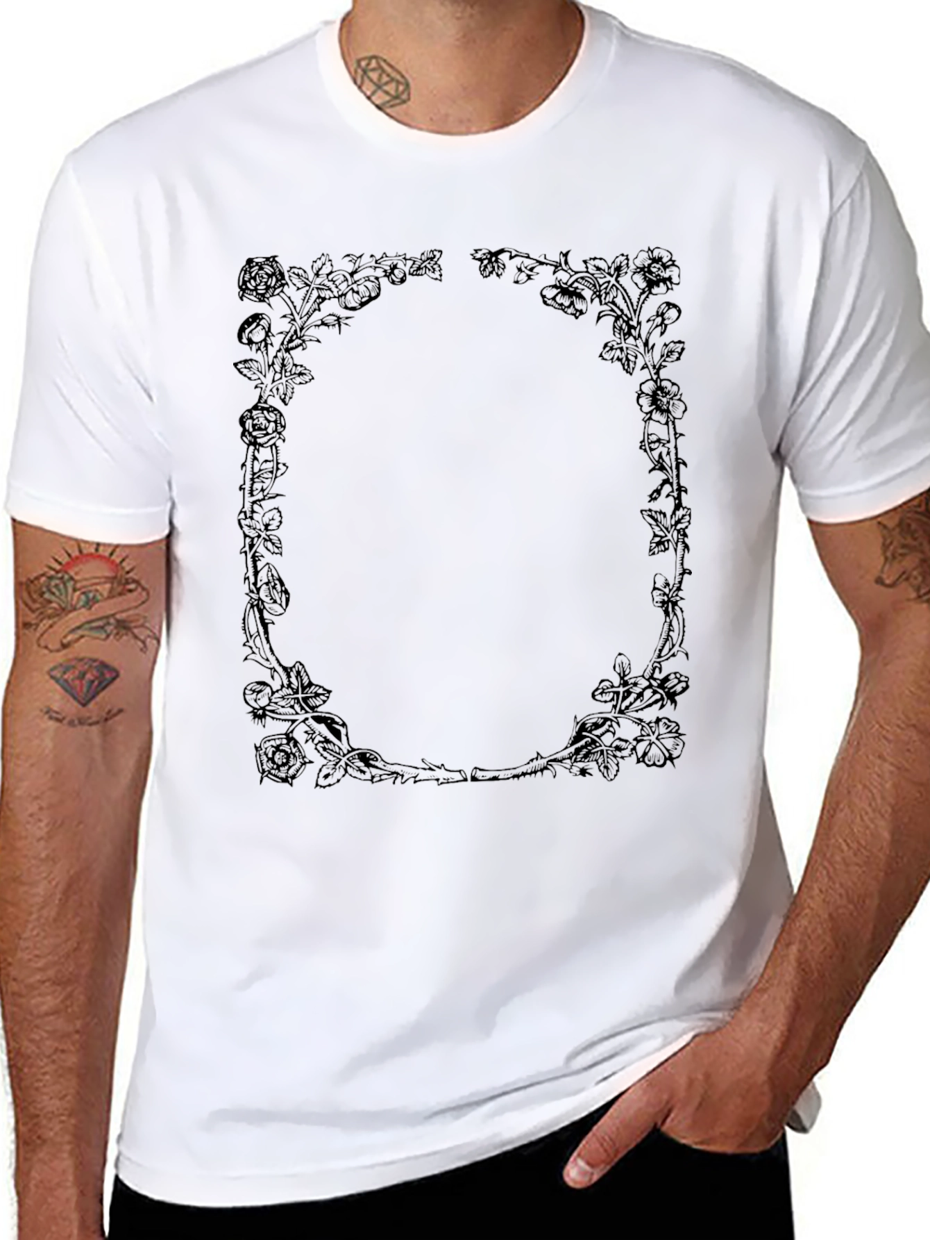 Rose Vine Graphic T-Shirt - Black Crew Neck