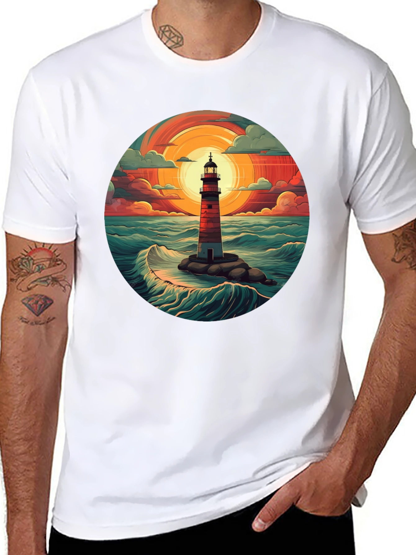 Lighthouse Graphic T-Shirt - Coastal Sunset Design