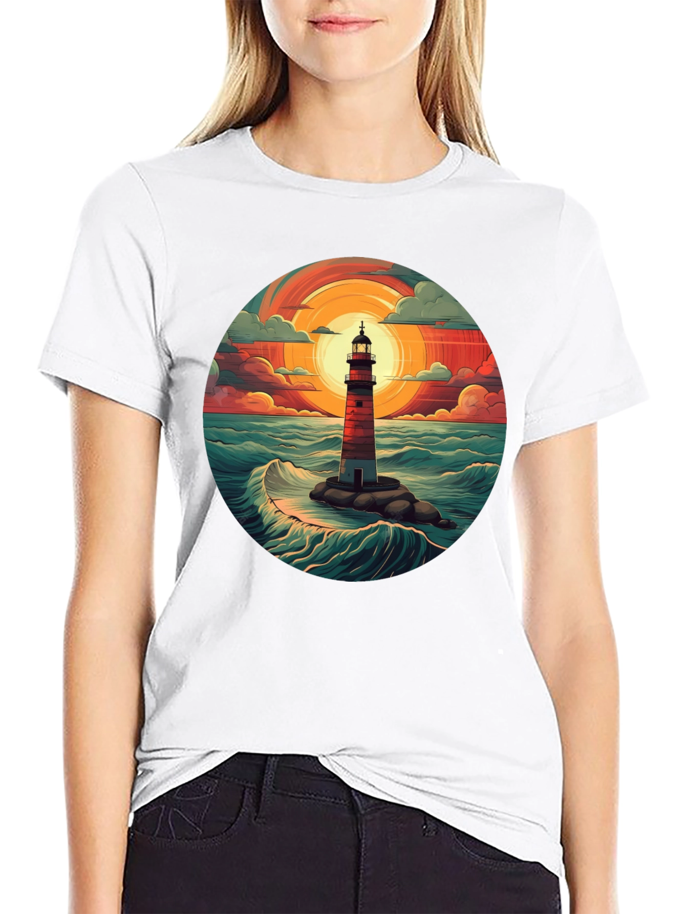 Lighthouse Graphic T-Shirt - Coastal Sunset Design