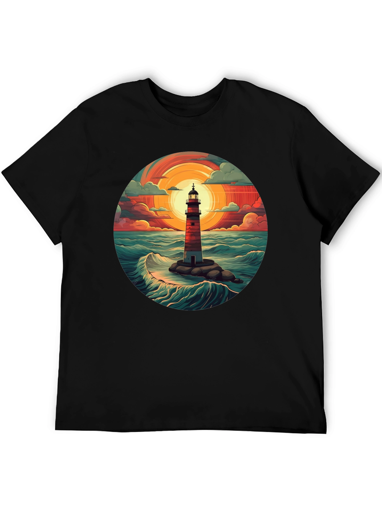 Lighthouse Graphic T-Shirt - Coastal Sunset Design