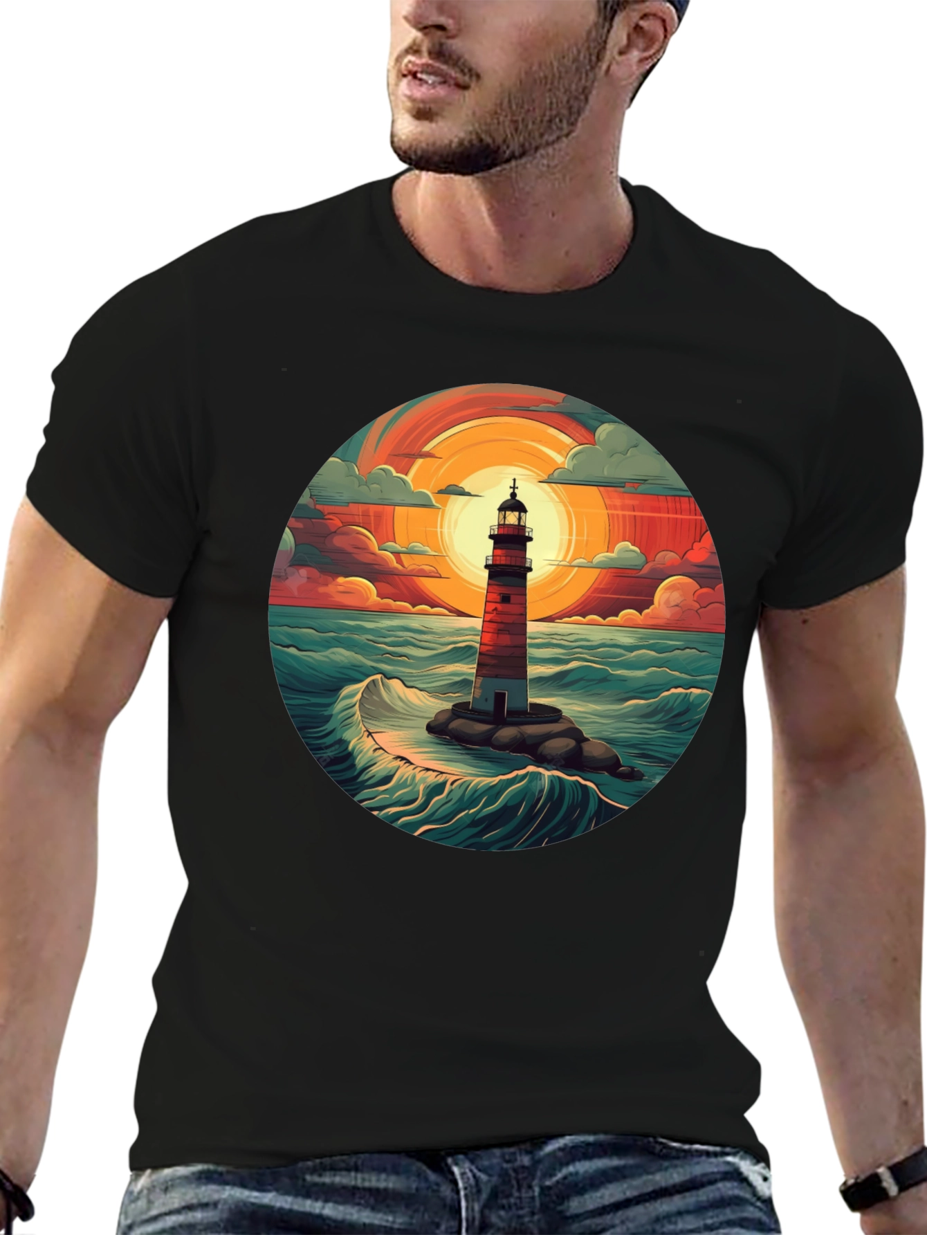 Lighthouse Graphic T-Shirt - Coastal Sunset Design