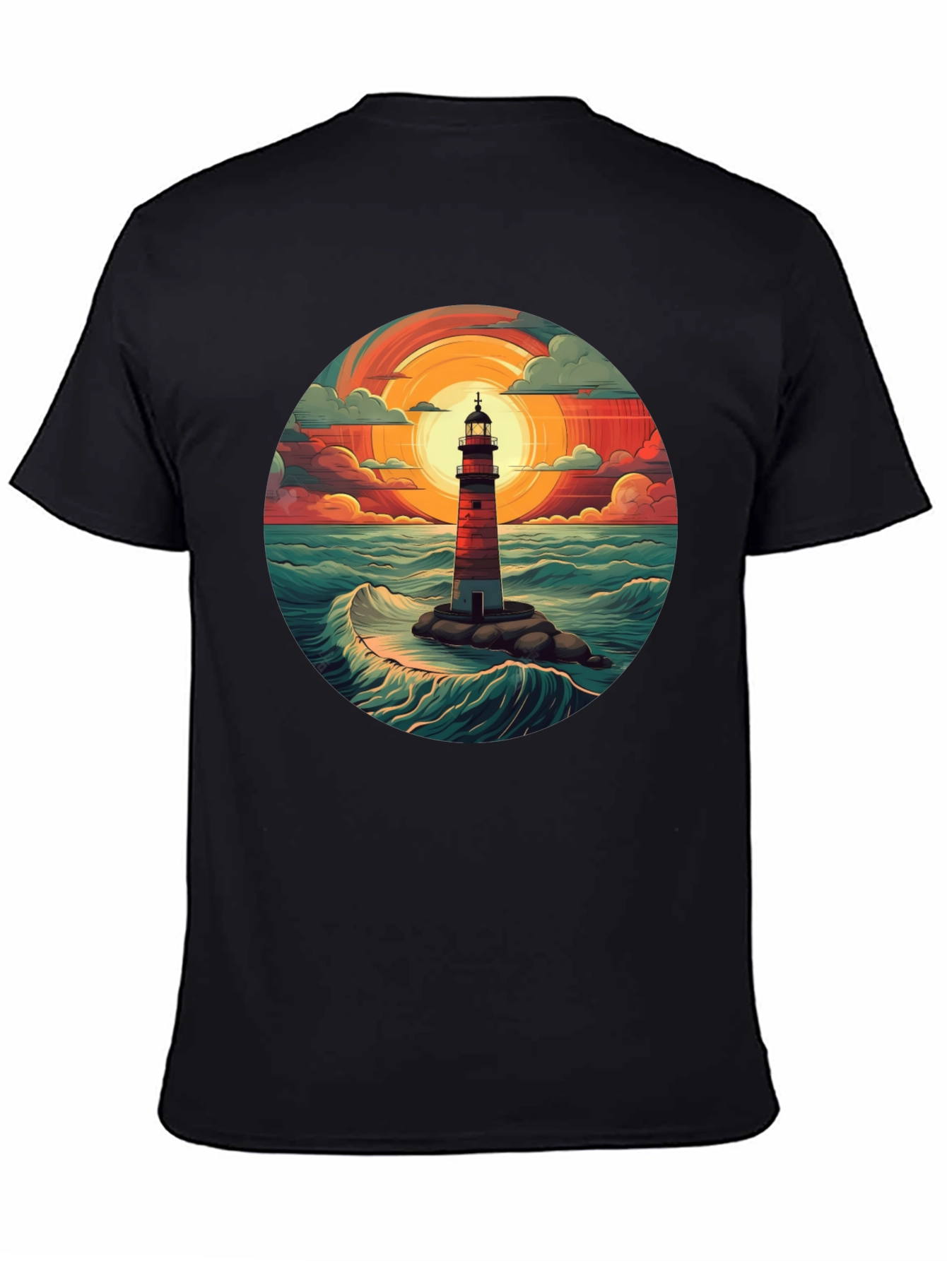 Lighthouse Graphic T-Shirt - Coastal Sunset Design