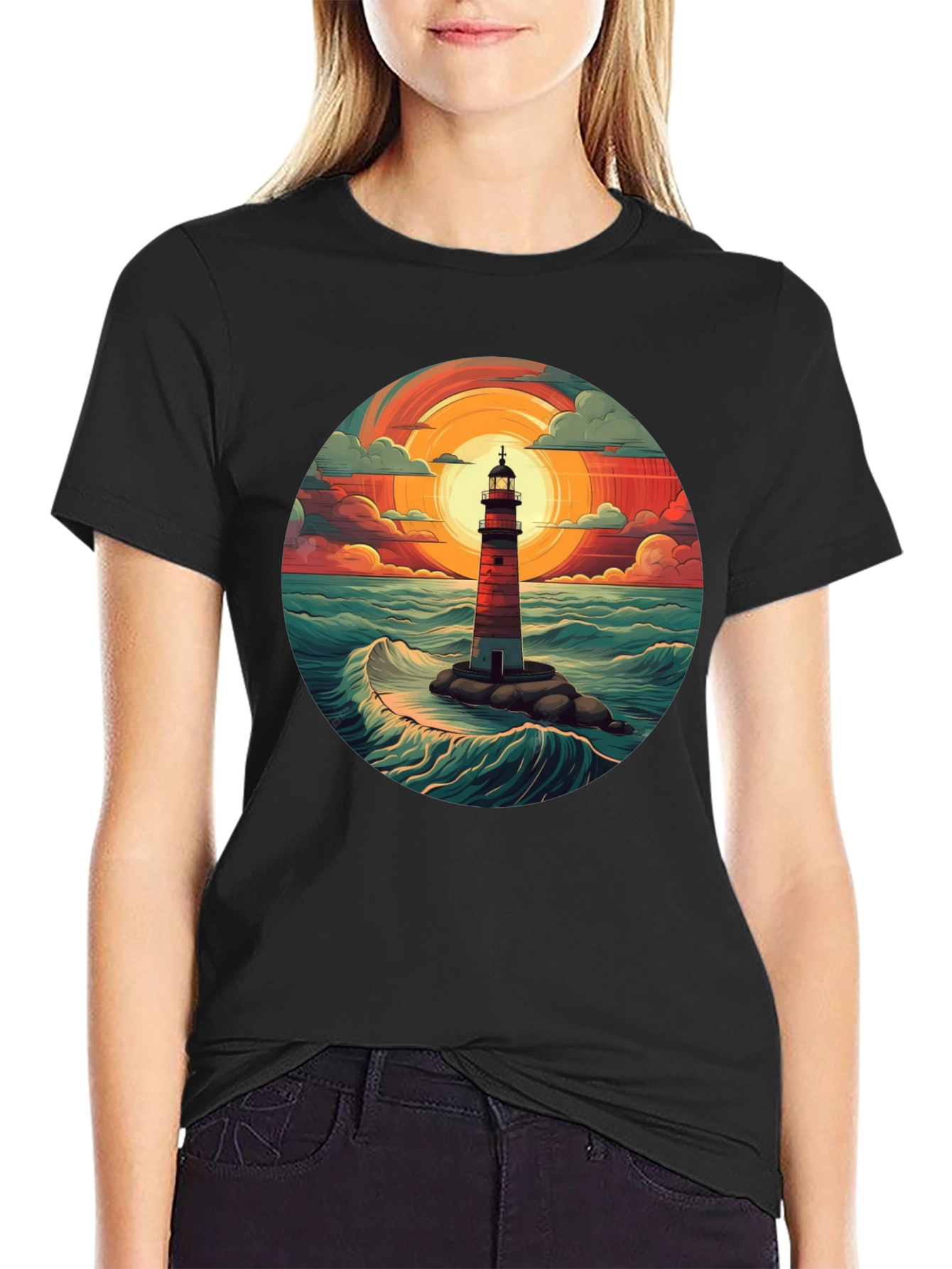 Lighthouse Graphic T-Shirt - Coastal Sunset Design