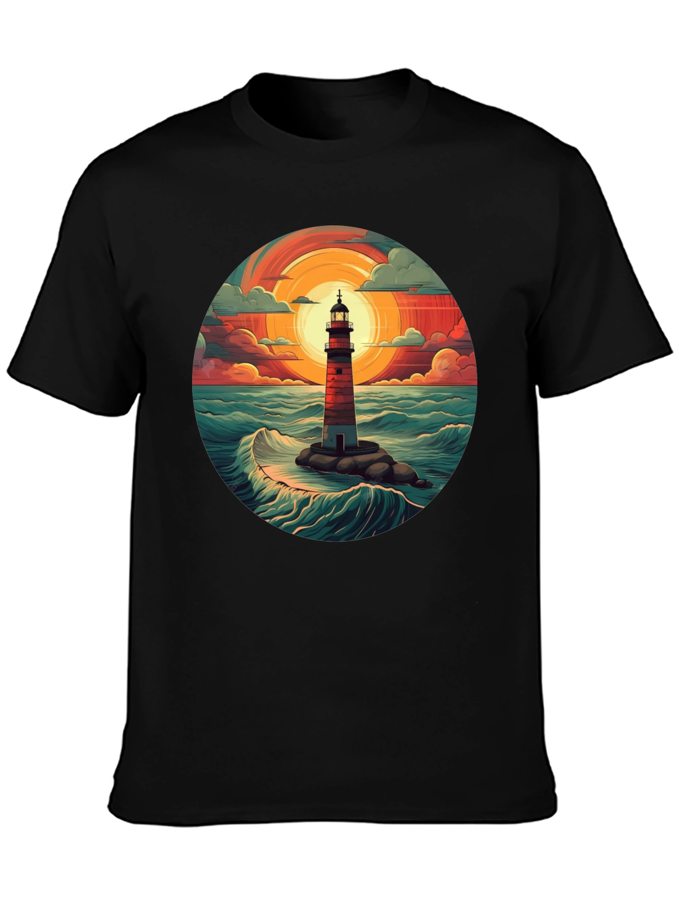 Lighthouse Graphic T-Shirt - Coastal Sunset Design