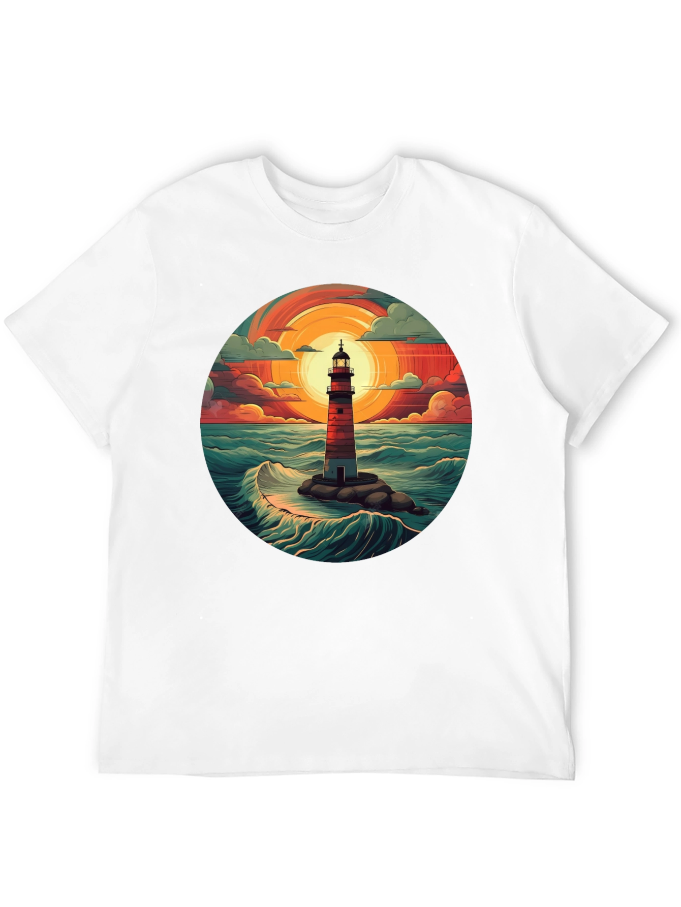 Lighthouse Graphic T-Shirt - Coastal Sunset Design