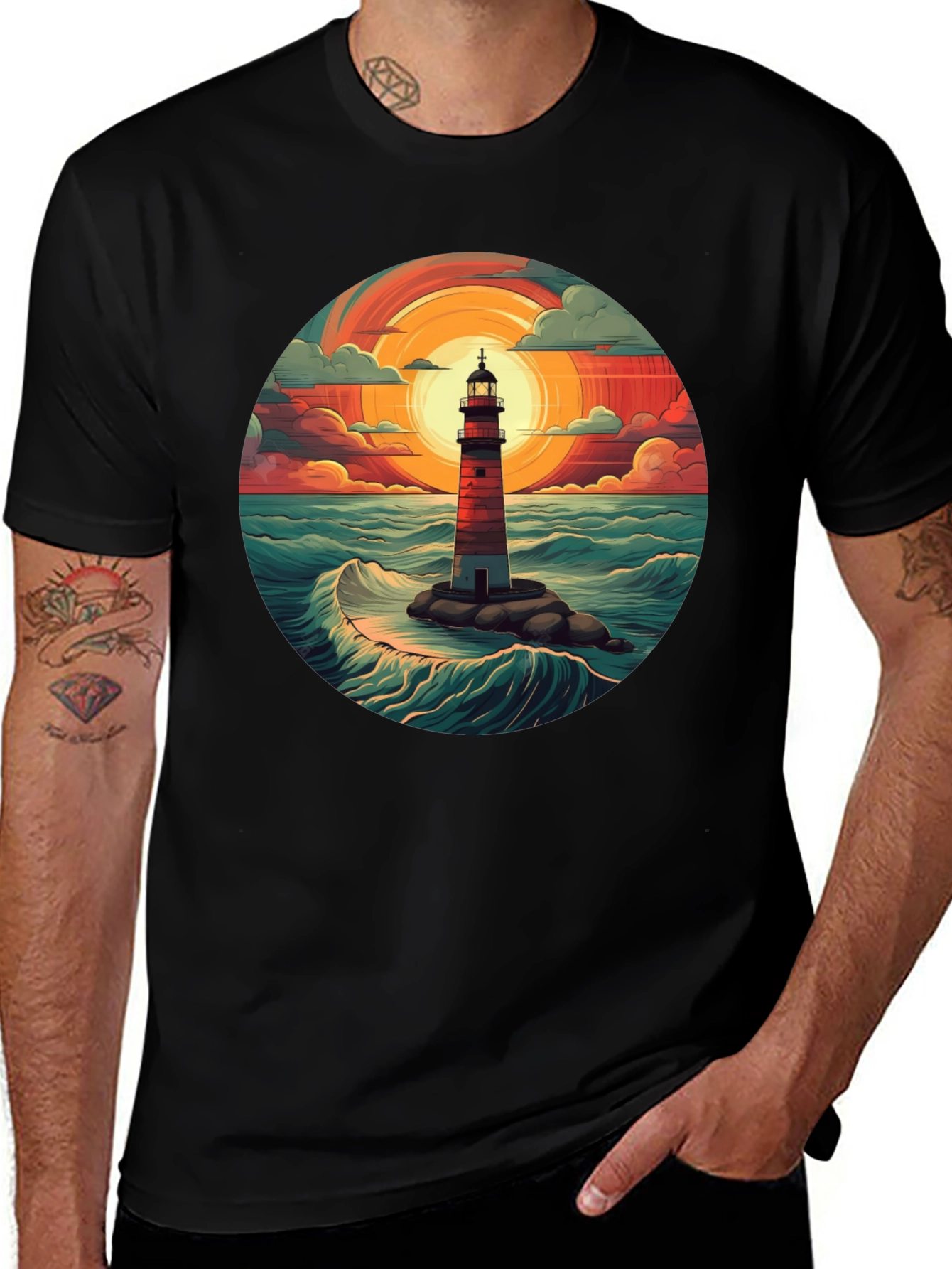 Lighthouse Graphic T-Shirt - Coastal Sunset Design