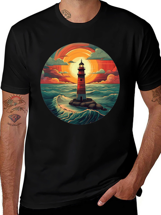 Lighthouse Graphic T-Shirt - Coastal Sunset Design