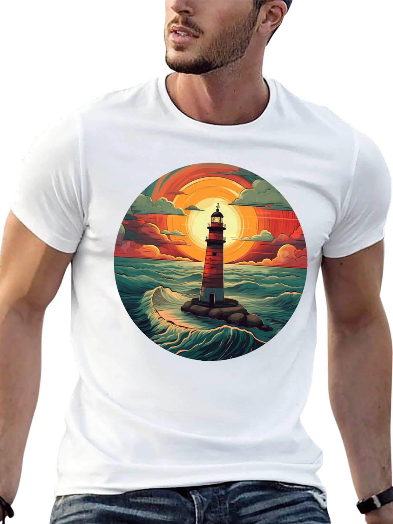 Lighthouse Graphic T-Shirt - Coastal Sunset Design