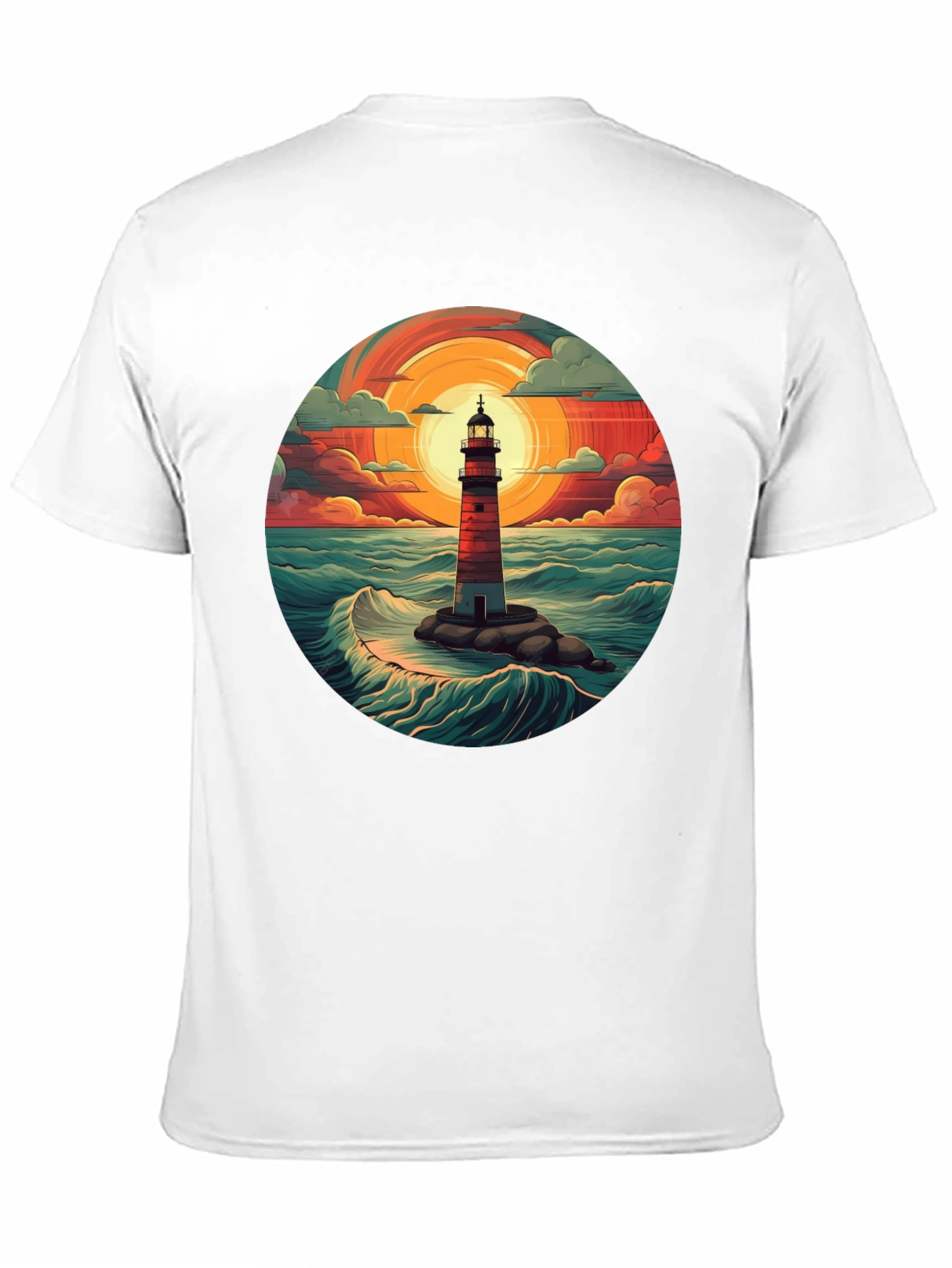 Lighthouse Graphic T-Shirt - Coastal Sunset Design