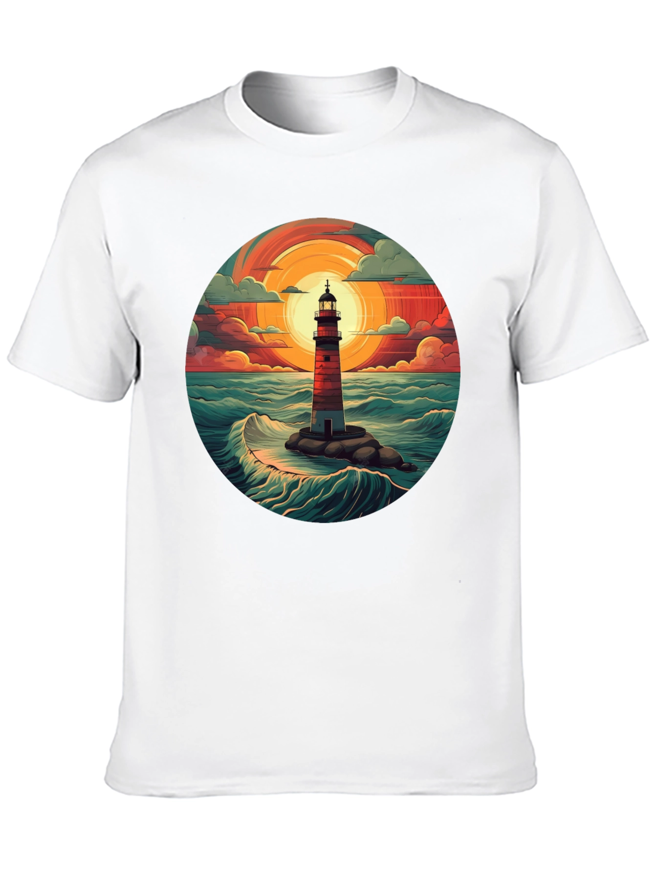 Lighthouse Graphic T-Shirt - Coastal Sunset Design