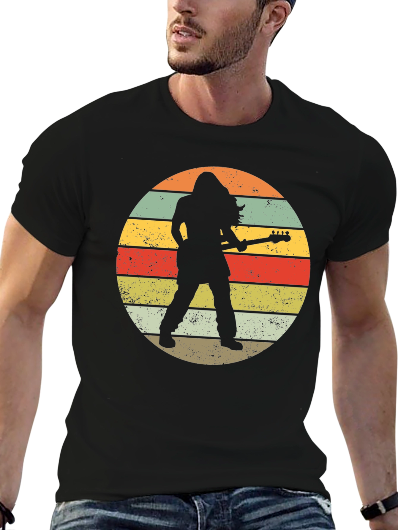 Retro Rock Guitarist Black T-Shirt