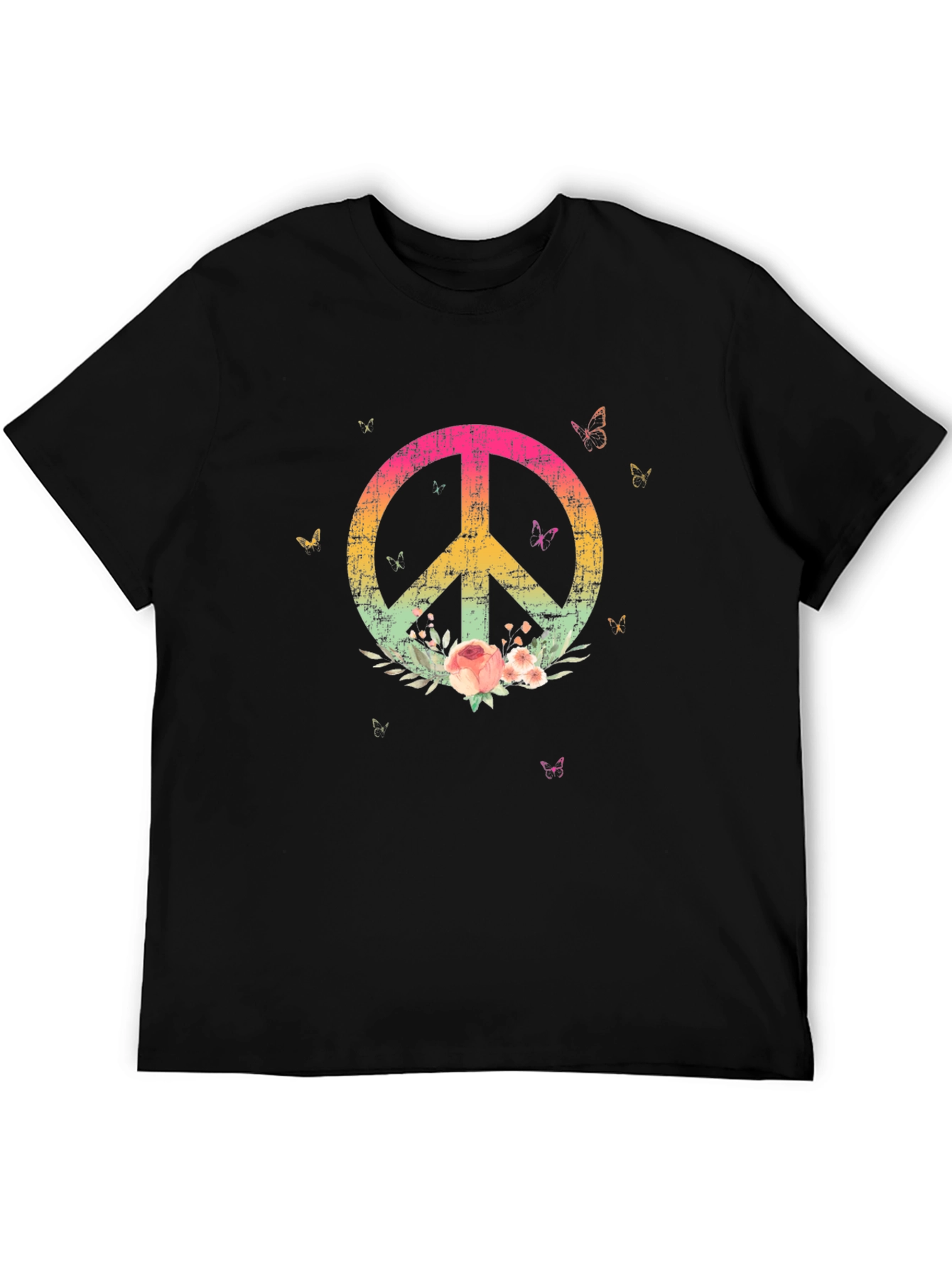 Floral Peace Sign Black Graphic T-Shirt