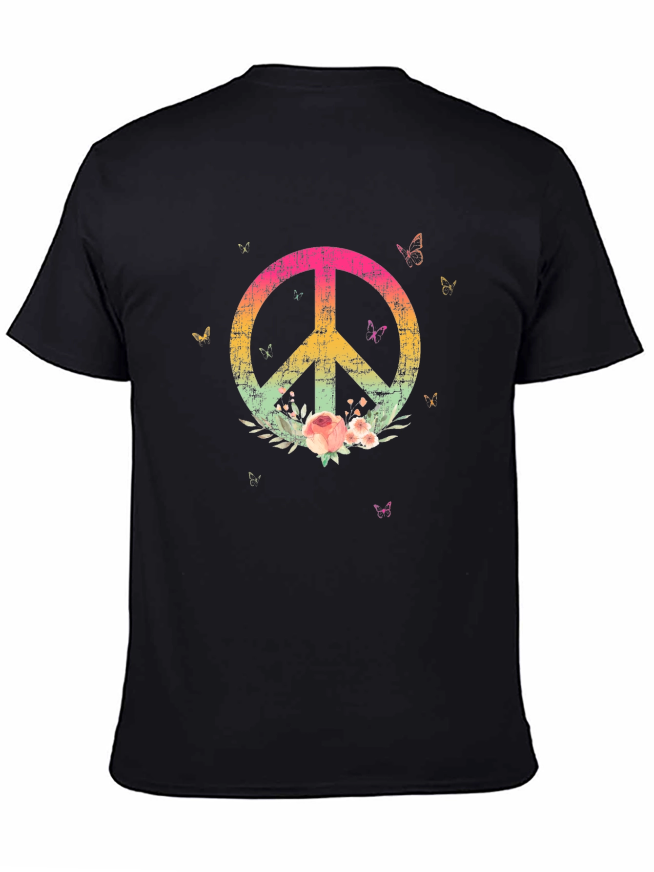 Floral Peace Sign Black Graphic T-Shirt