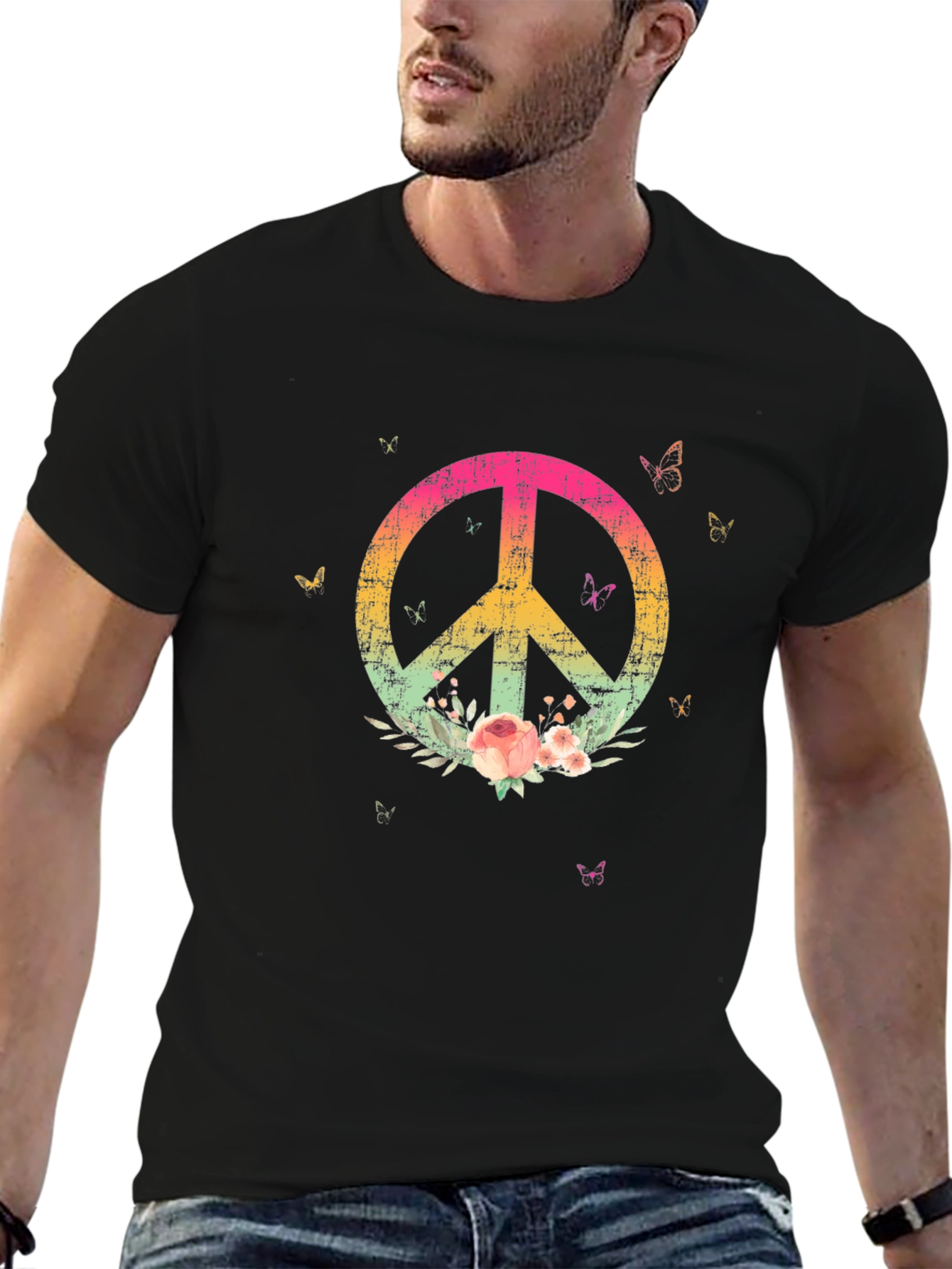 Floral Peace Sign Black Graphic T-Shirt