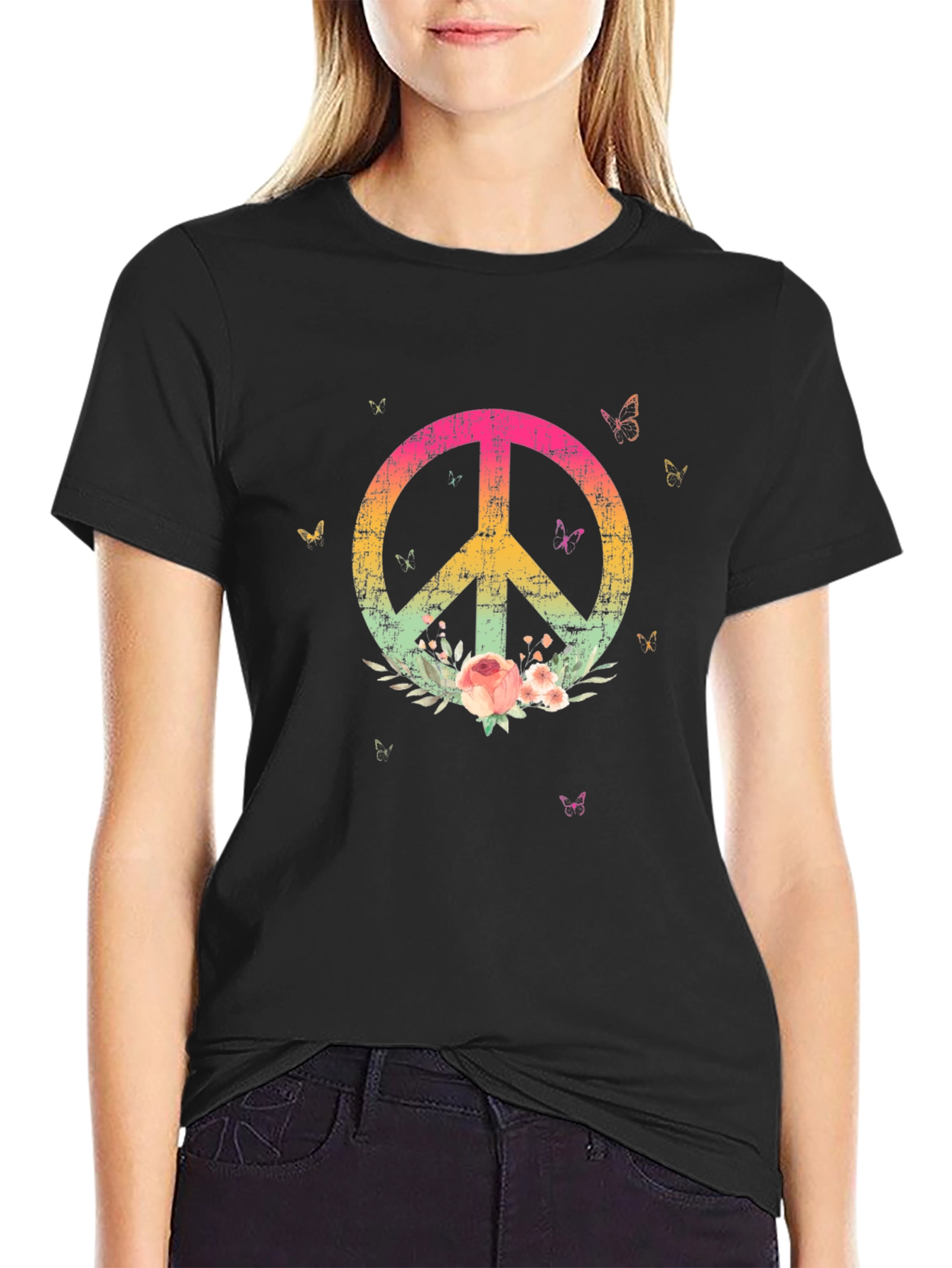 Floral Peace Sign Black Graphic T-Shirt